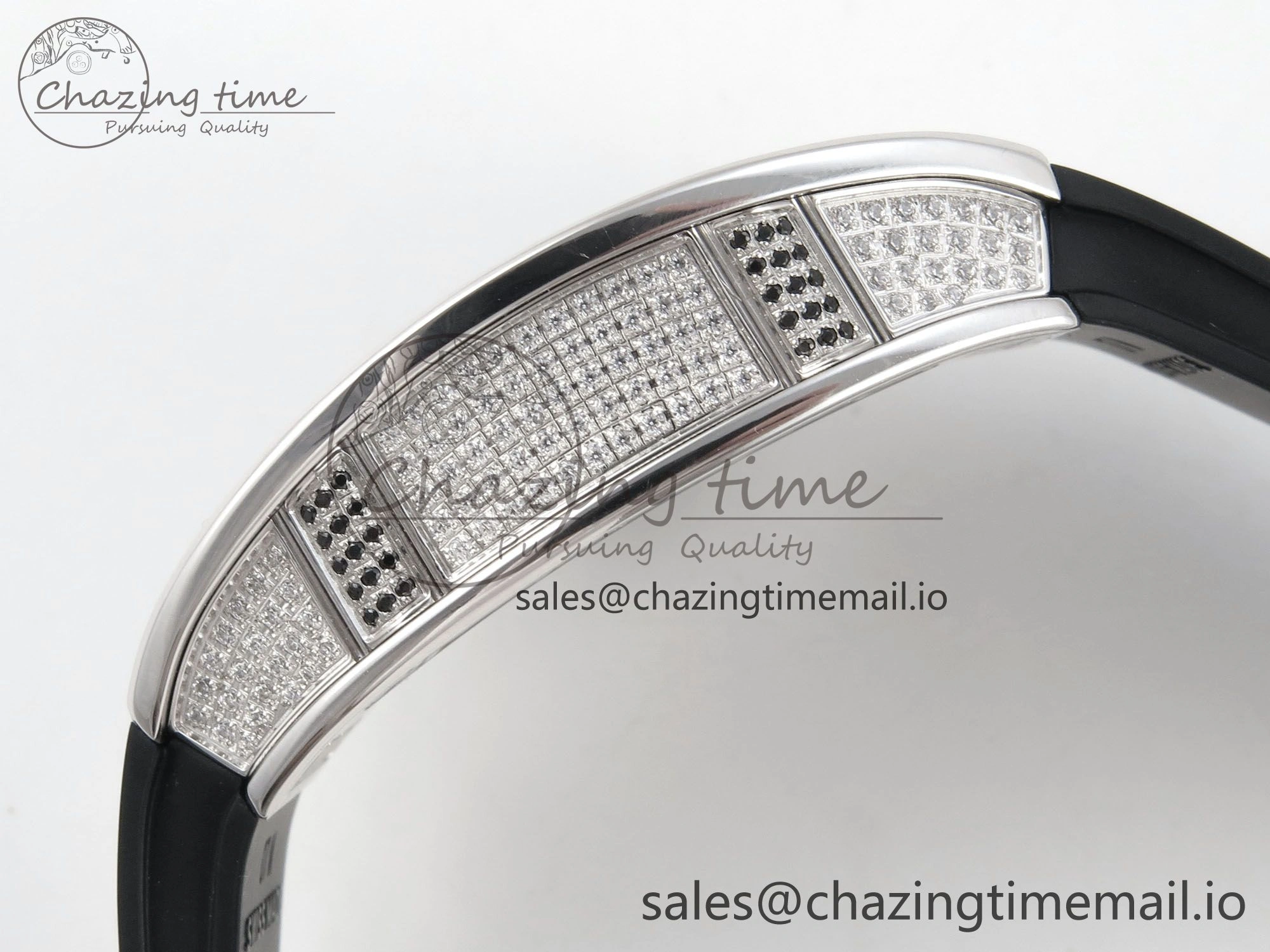 TopPick RM07 Ladies Full Diamonds SS ZF 1:1 Best Edition Black Dial on Black Rubber Strap CRMA2 Clone 9152
