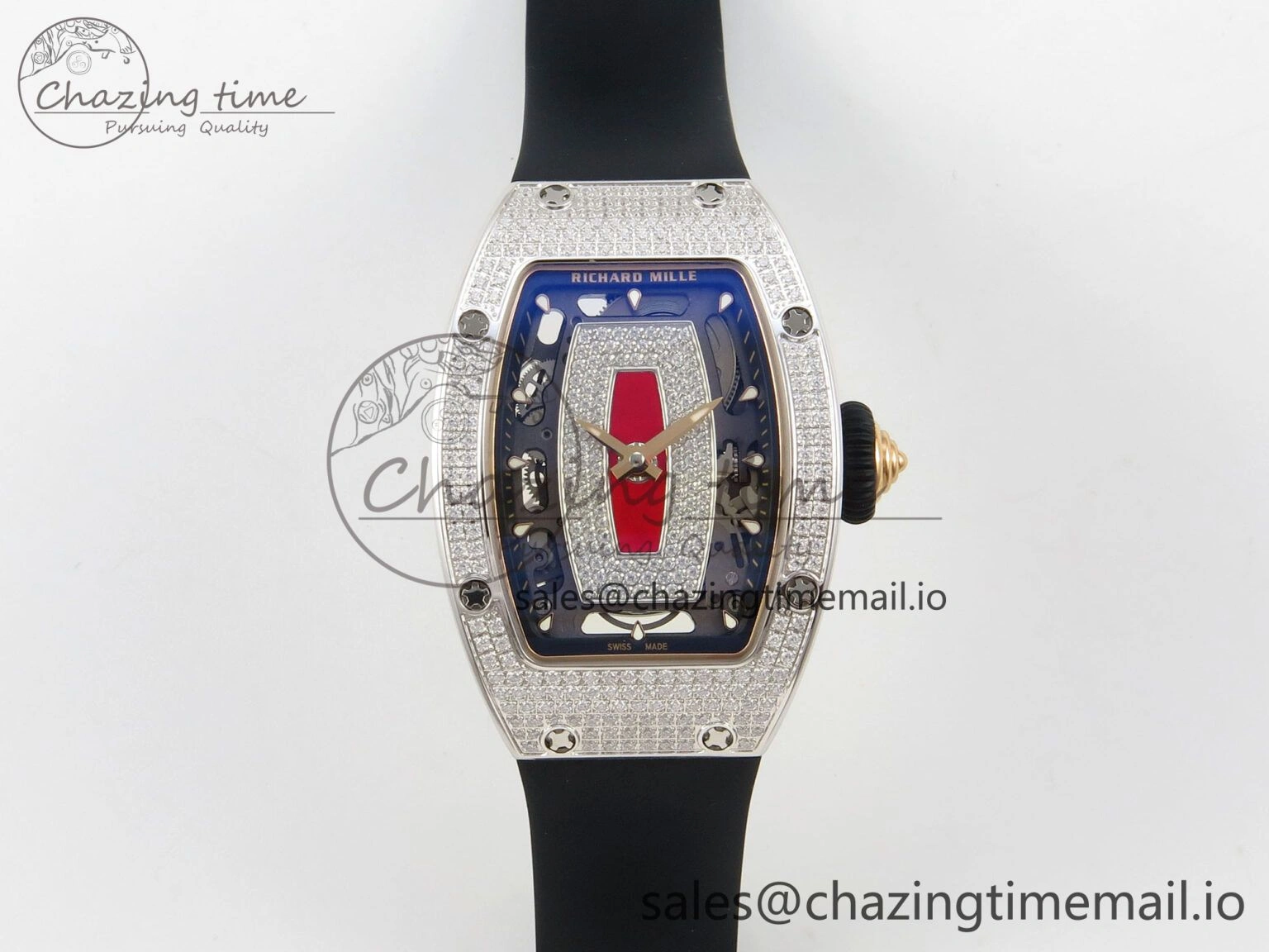 RM07 Ladies Full Diamonds SS ZF 1:1 Best Edition Red Dial on Black Rubber Strap CRMA2 Clone Original 9153