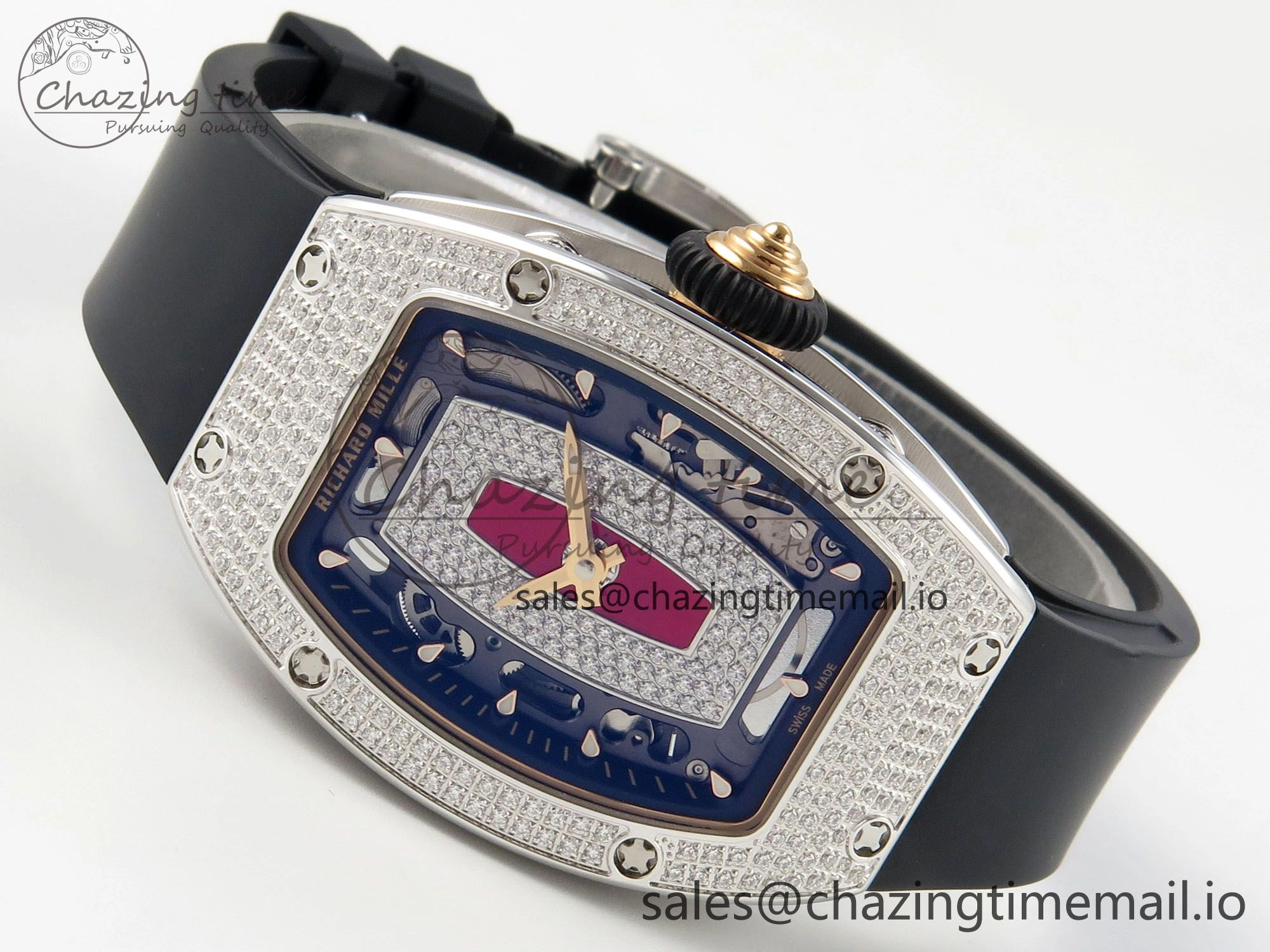 RM07 Ladies Full Diamonds SS ZF 1:1 Best Edition Red Dial on Black Rubber Strap CRMA2 Clone Original 9153