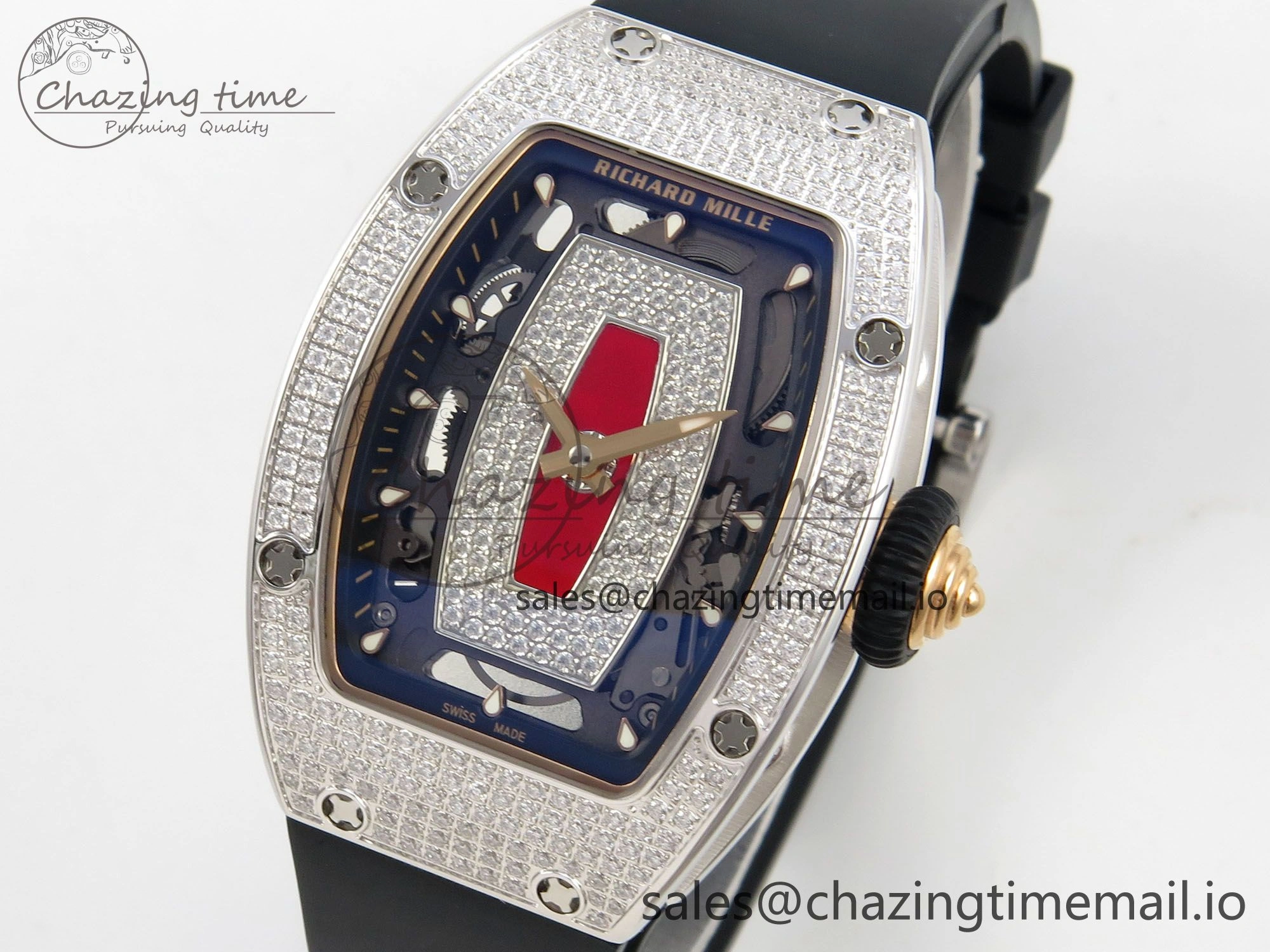 RM07 Ladies Full Diamonds SS ZF 1:1 Best Edition Red Dial on Black Rubber Strap CRMA2 Clone Original 9153