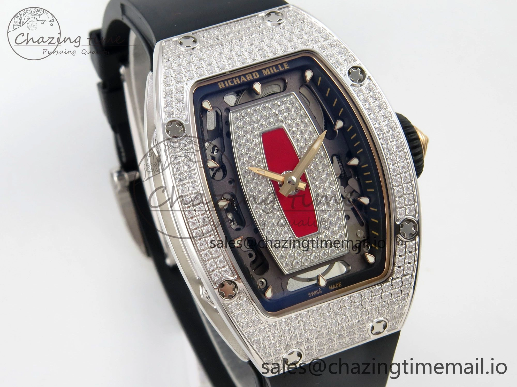 RM07 Ladies Full Diamonds SS ZF 1:1 Best Edition Red Dial on Black Rubber Strap CRMA2 Clone Original 9153