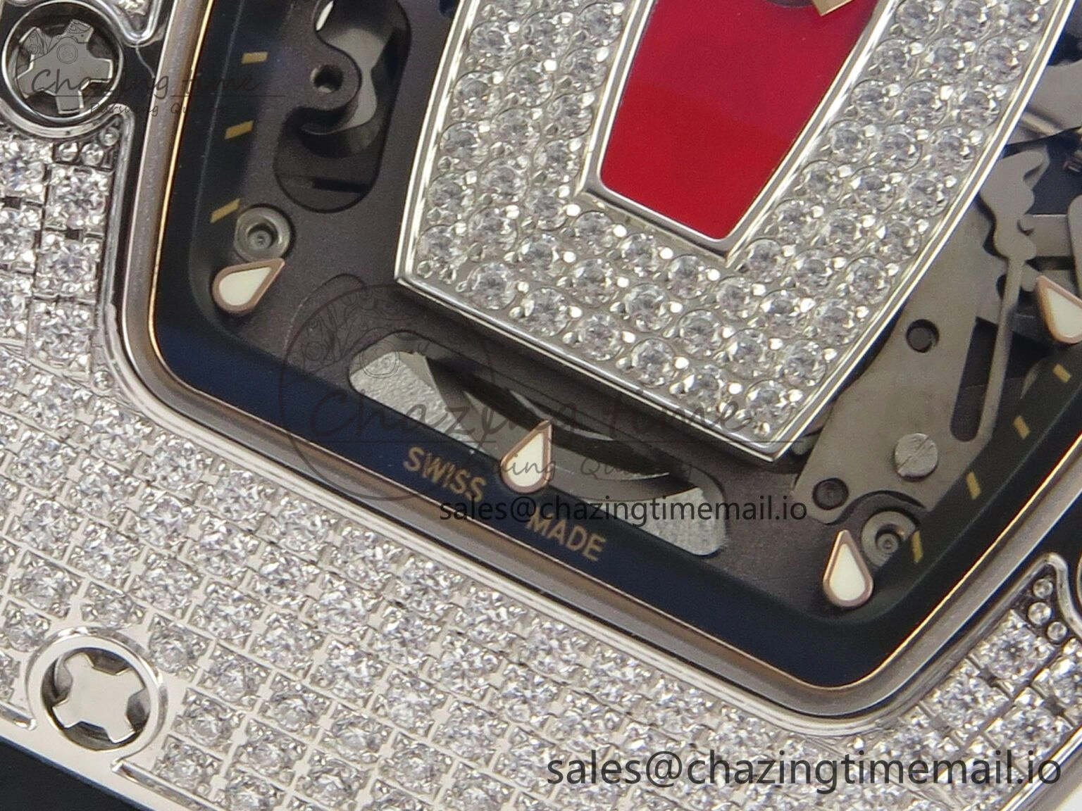 RM07 Ladies Full Diamonds SS ZF 1:1 Best Edition Red Dial on Black Rubber Strap CRMA2 Clone Original 9153