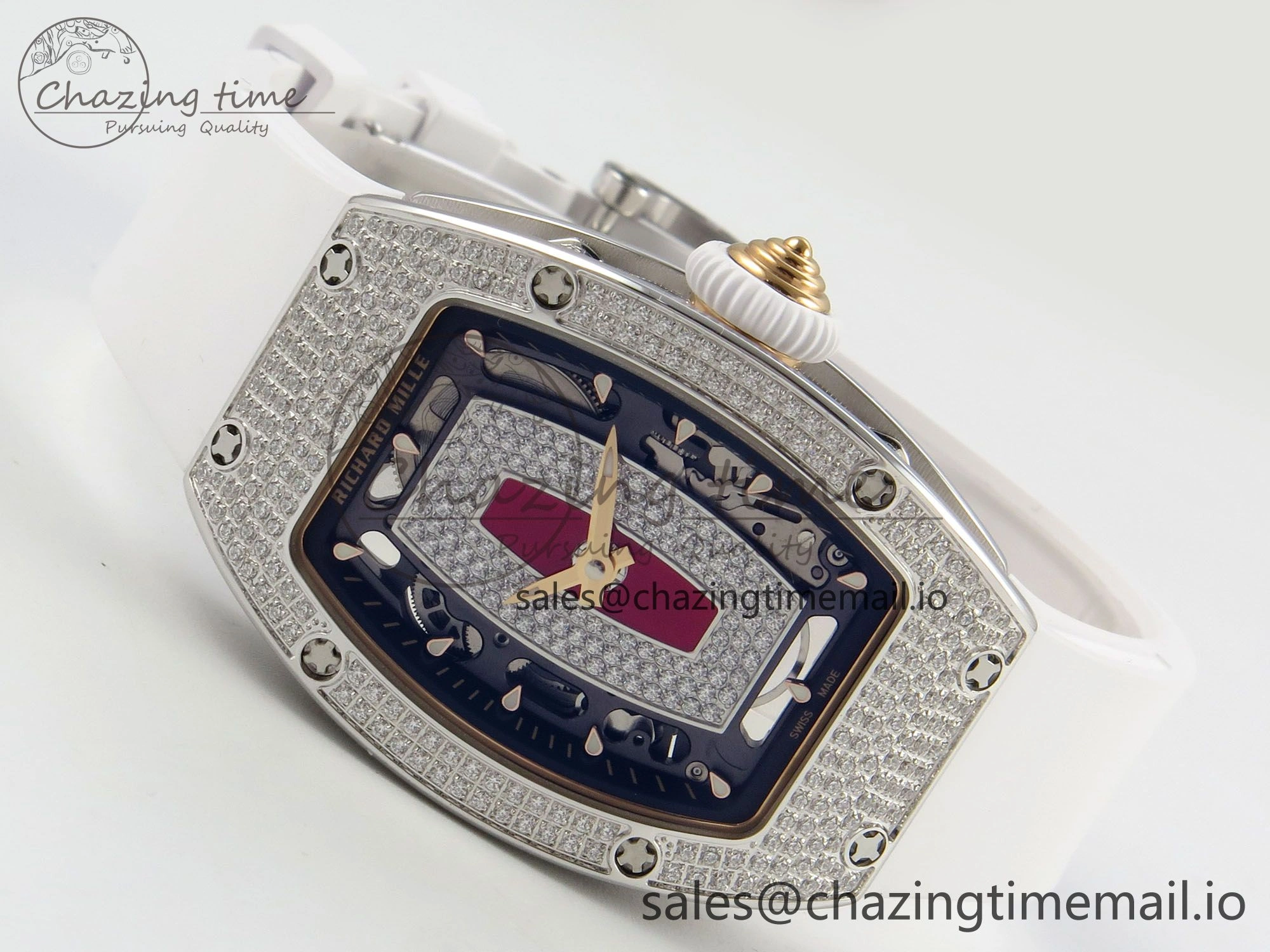 RM07 Ladies Full Diamonds SS ZF 1:1 Best Edition Red Dial on White Rubber Strap CRMA2 Clone EasyMatch 9157