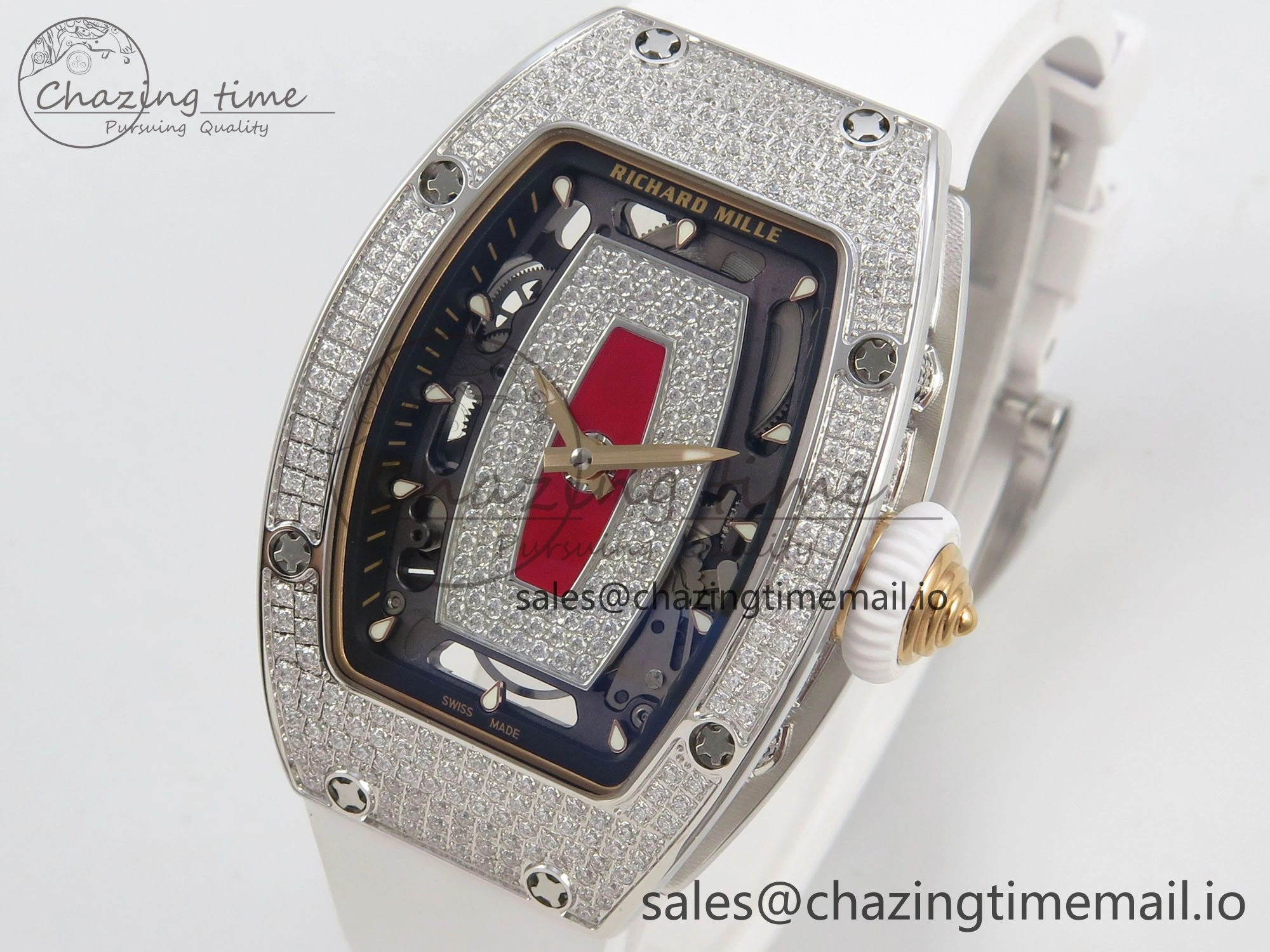 RM07 Ladies Full Diamonds SS ZF 1:1 Best Edition Red Dial on White Rubber Strap CRMA2 Clone EasyMatch 9157