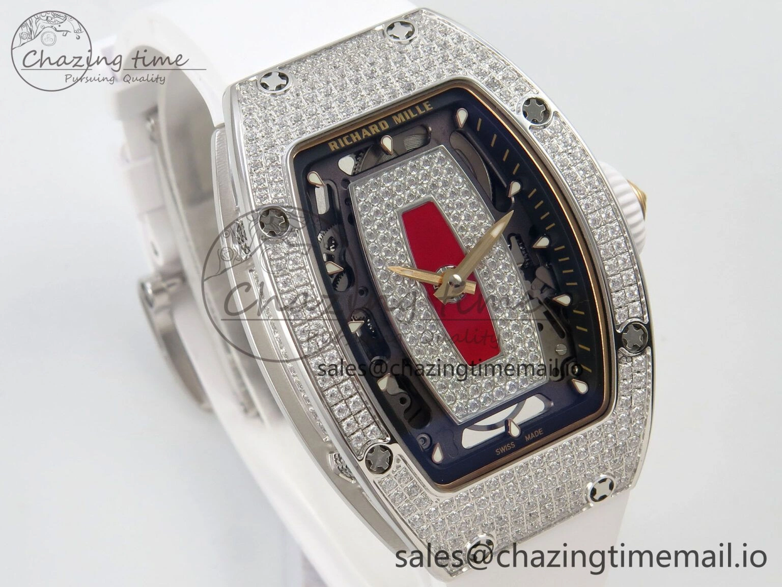 RM07 Ladies Full Diamonds SS ZF 1:1 Best Edition Red Dial on White Rubber Strap CRMA2 Clone EasyMatch 9157