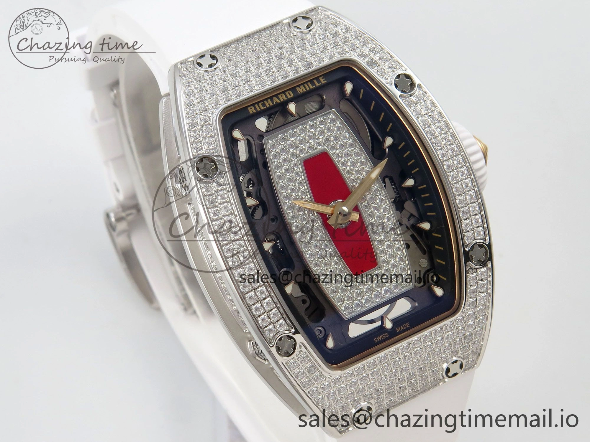 RM07 Ladies Full Diamonds SS ZF 1:1 Best Edition Red Dial on White Rubber Strap CRMA2 Clone EasyMatch 9157