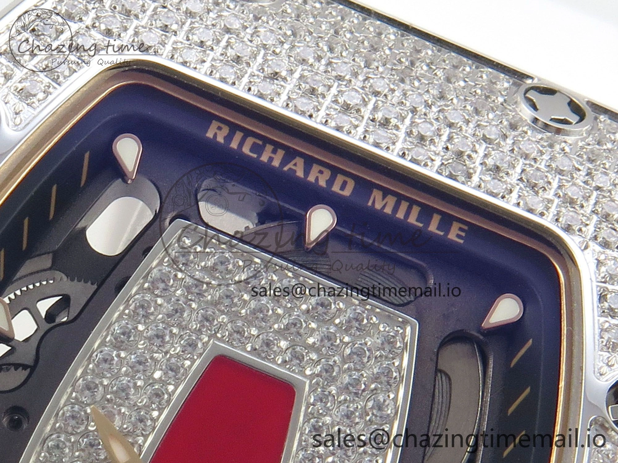 RM07 Ladies Full Diamonds SS ZF 1:1 Best Edition Red Dial on White Rubber Strap CRMA2 Clone EasyMatch 9157