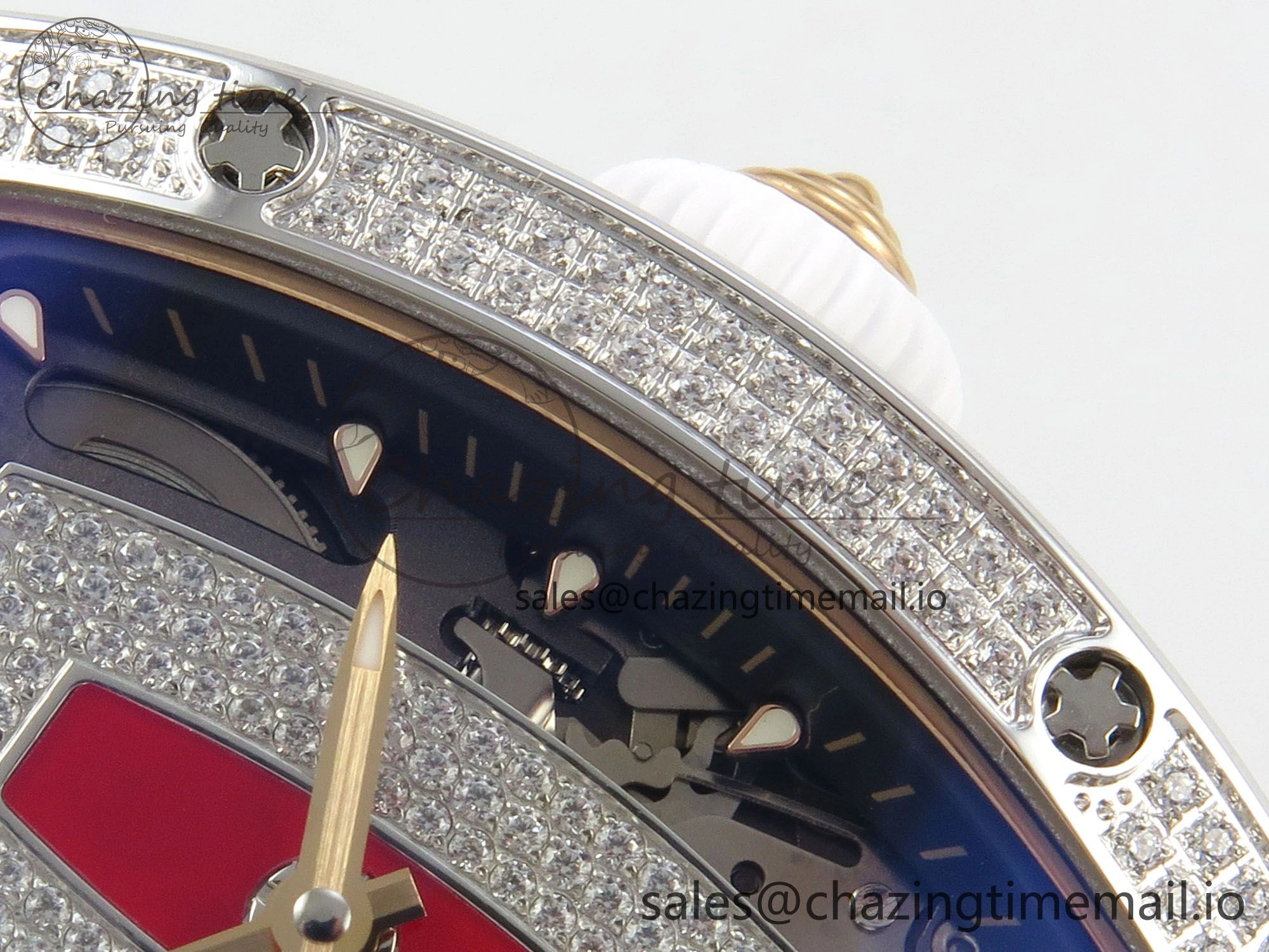 RM07 Ladies Full Diamonds SS ZF 1:1 Best Edition Red Dial on White Rubber Strap CRMA2 Clone EasyMatch 9157