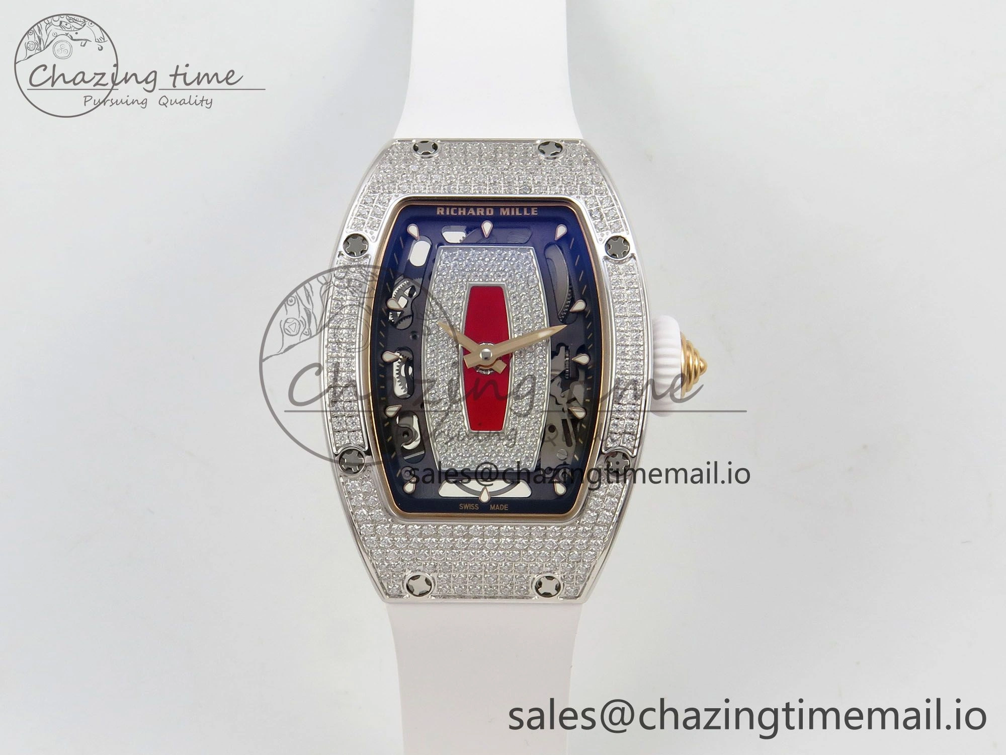 RM07 Ladies Full Diamonds SS ZF 1:1 Best Edition Red Dial on White Rubber Strap CRMA2 Clone EasyMatch 9157