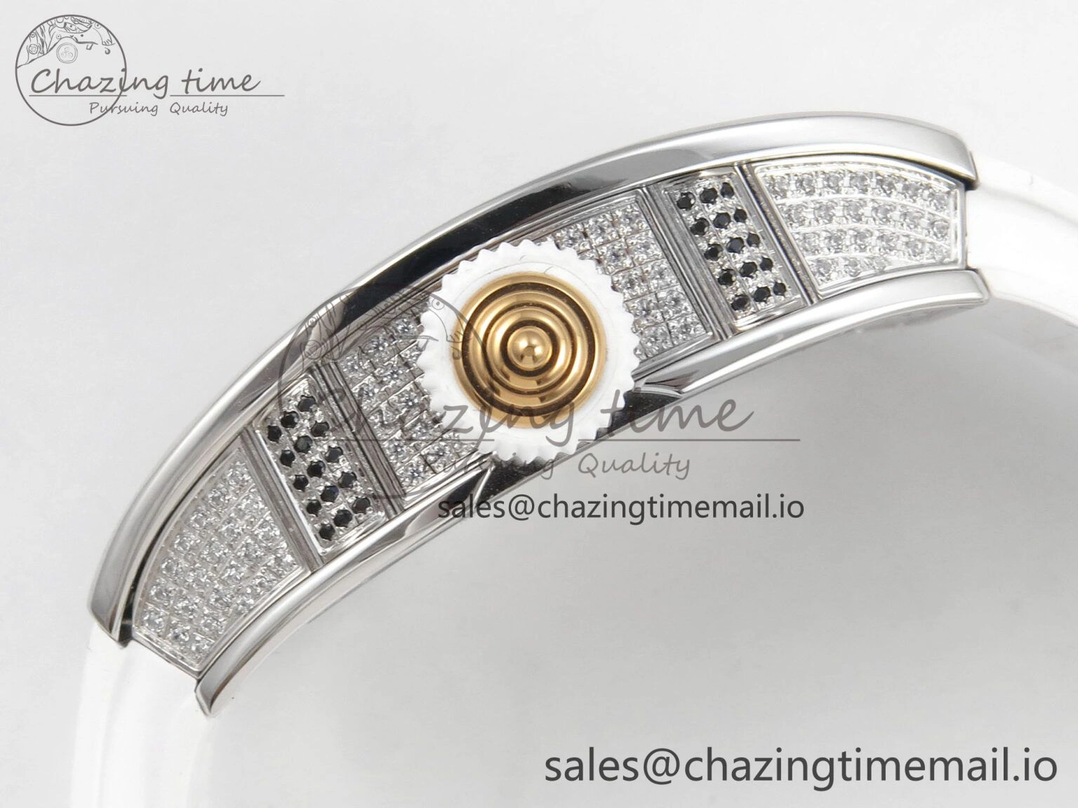 RM07 Ladies Full Diamonds SS ZF 1:1 Best Edition Red Dial on White Rubber Strap CRMA2 Clone EasyMatch 9157