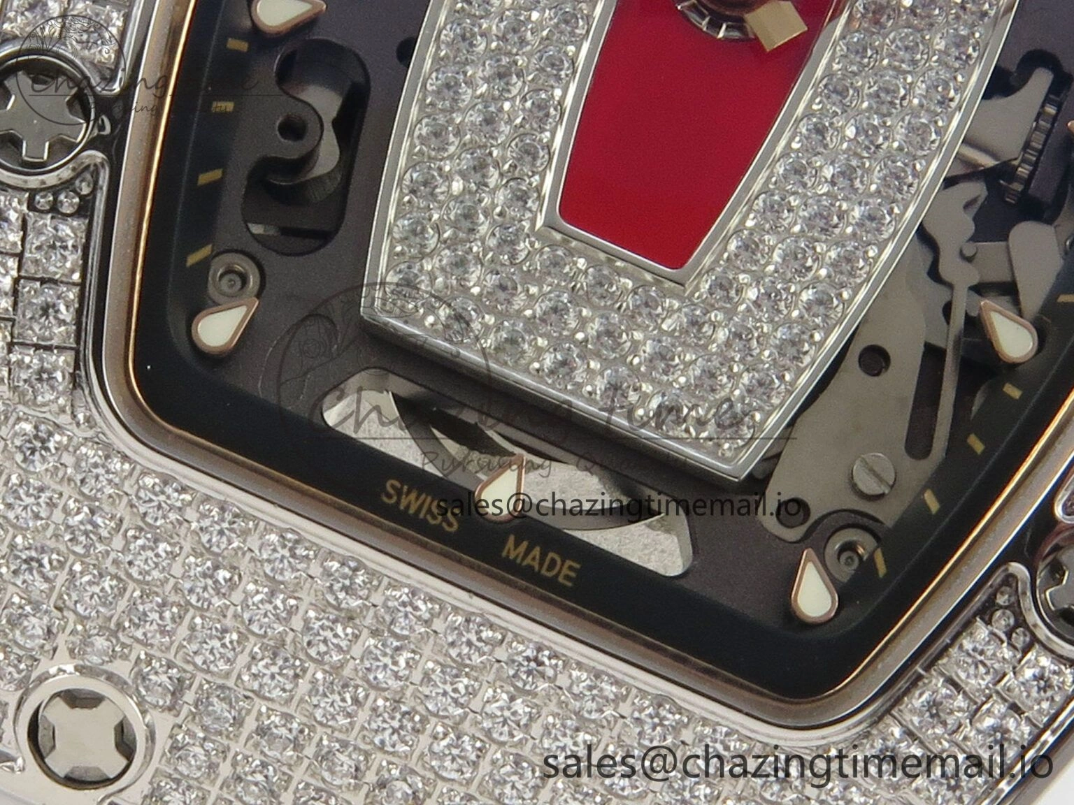 RM07 Ladies Full Diamonds SS ZF 1:1 Best Edition Red Dial on White Rubber Strap CRMA2 Clone EasyMatch 9157