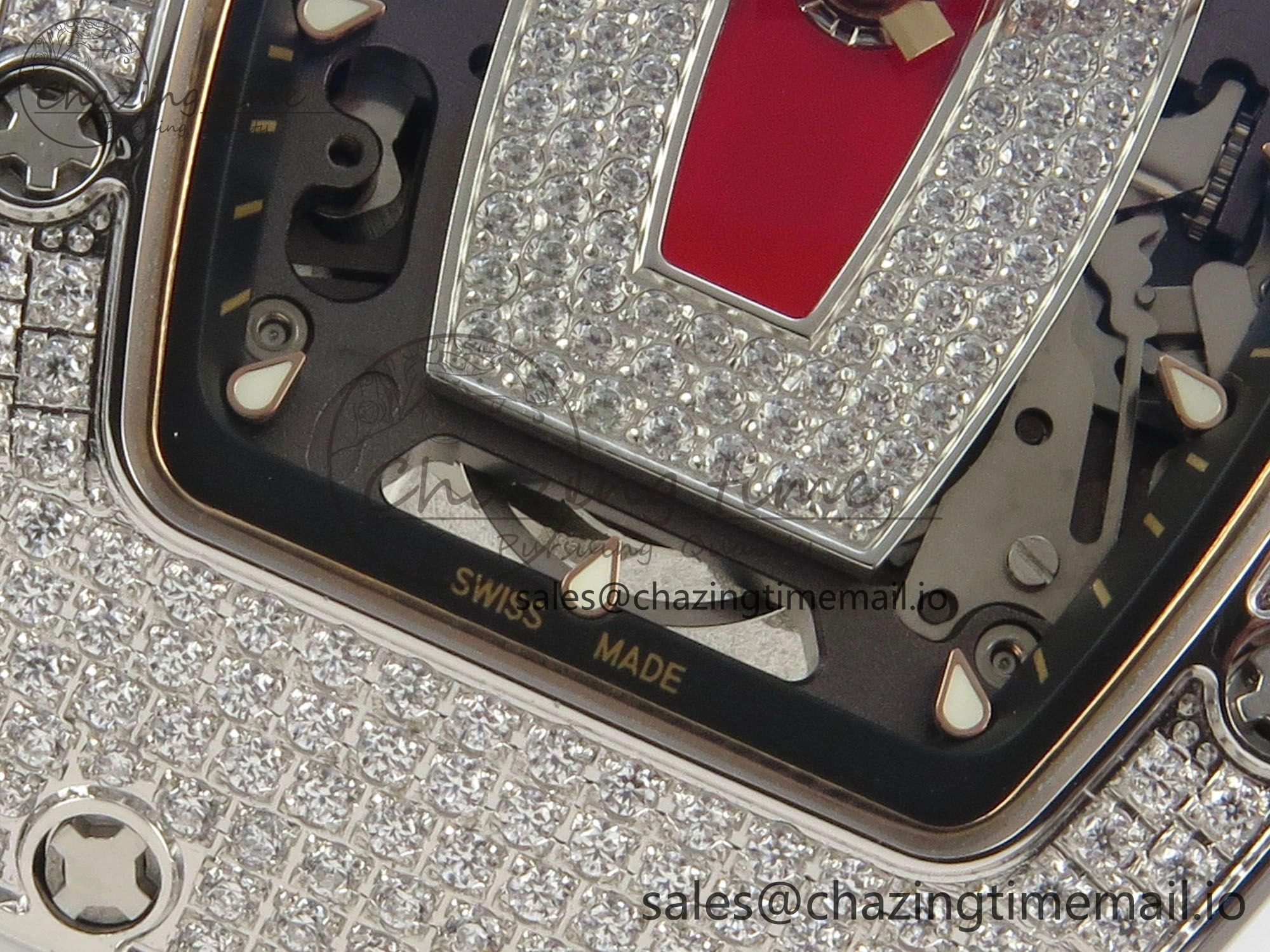 RM07 Ladies Full Diamonds SS ZF 1:1 Best Edition Red Dial on White Rubber Strap CRMA2 Clone EasyMatch 9157