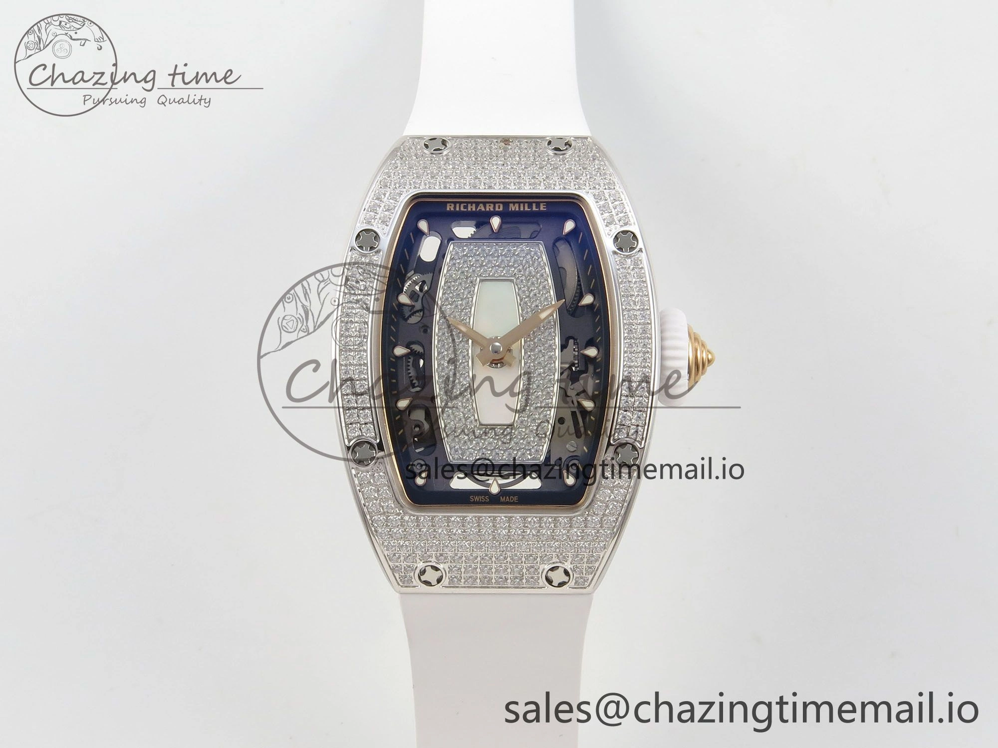 RM07 Ladies Full Diamonds SS ZF 1:1 Best Edition White MOP Dial on White Rubber Strap CRMA2 Clone Thermal 9156