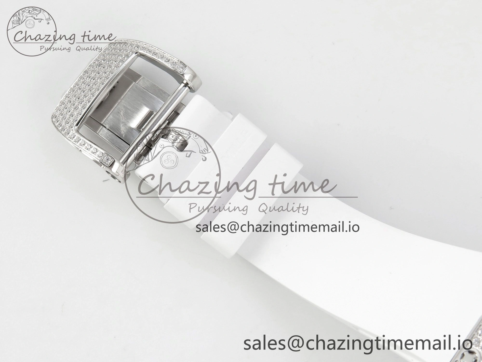RM07 Ladies Full Diamonds SS ZF 1:1 Best Edition White MOP Dial on White Rubber Strap CRMA2 Clone Thermal 9156