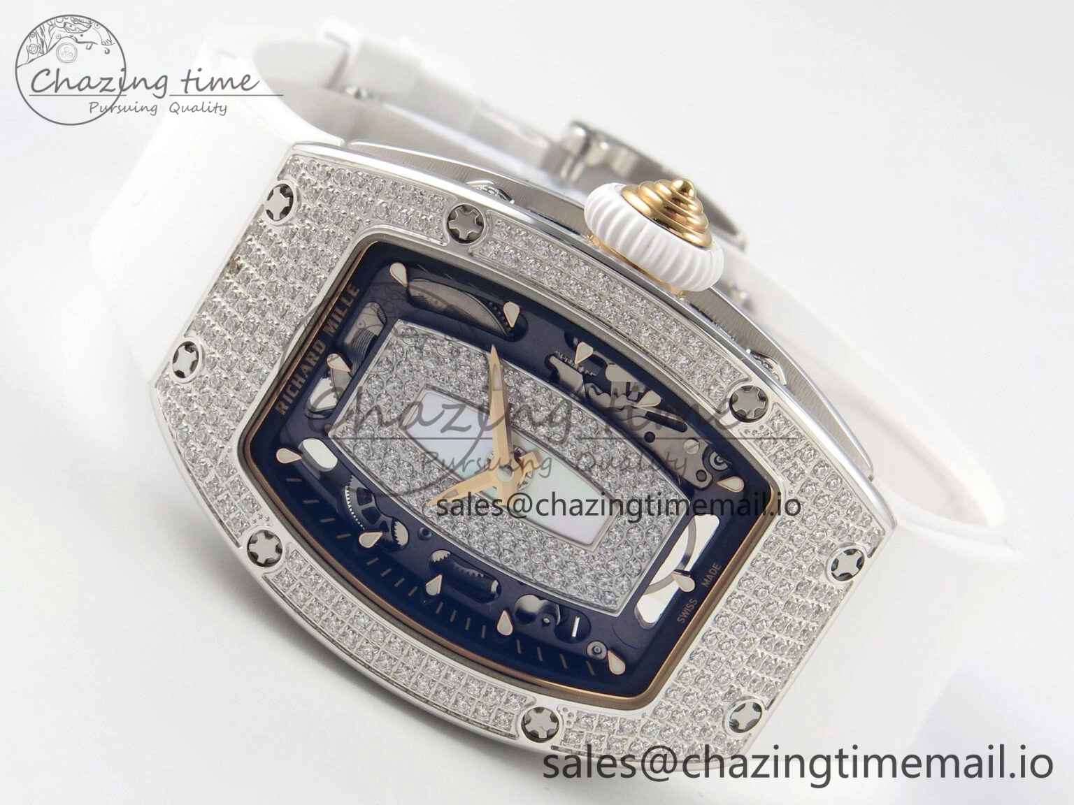 RM07 Ladies Full Diamonds SS ZF 1:1 Best Edition White MOP Dial on White Rubber Strap CRMA2 Clone Thermal 9156