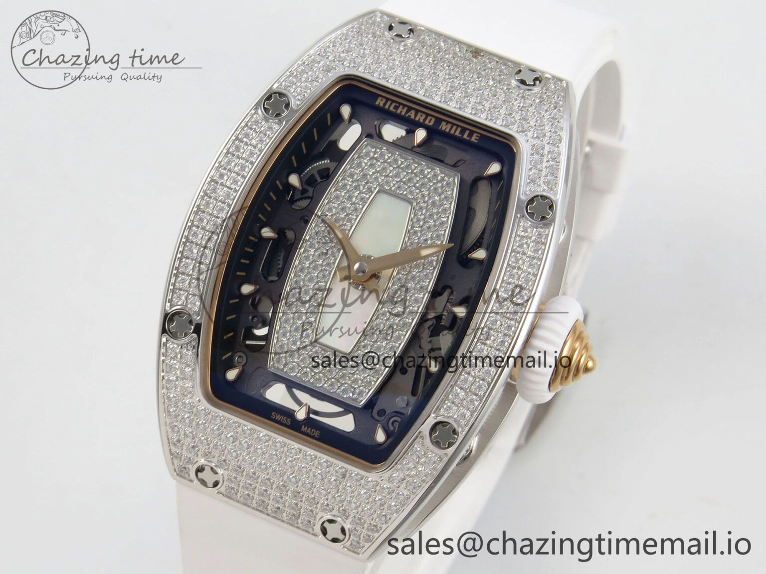 RM07 Ladies Full Diamonds SS ZF 1:1 Best Edition White MOP Dial on White Rubber Strap CRMA2 Clone Thermal 9156