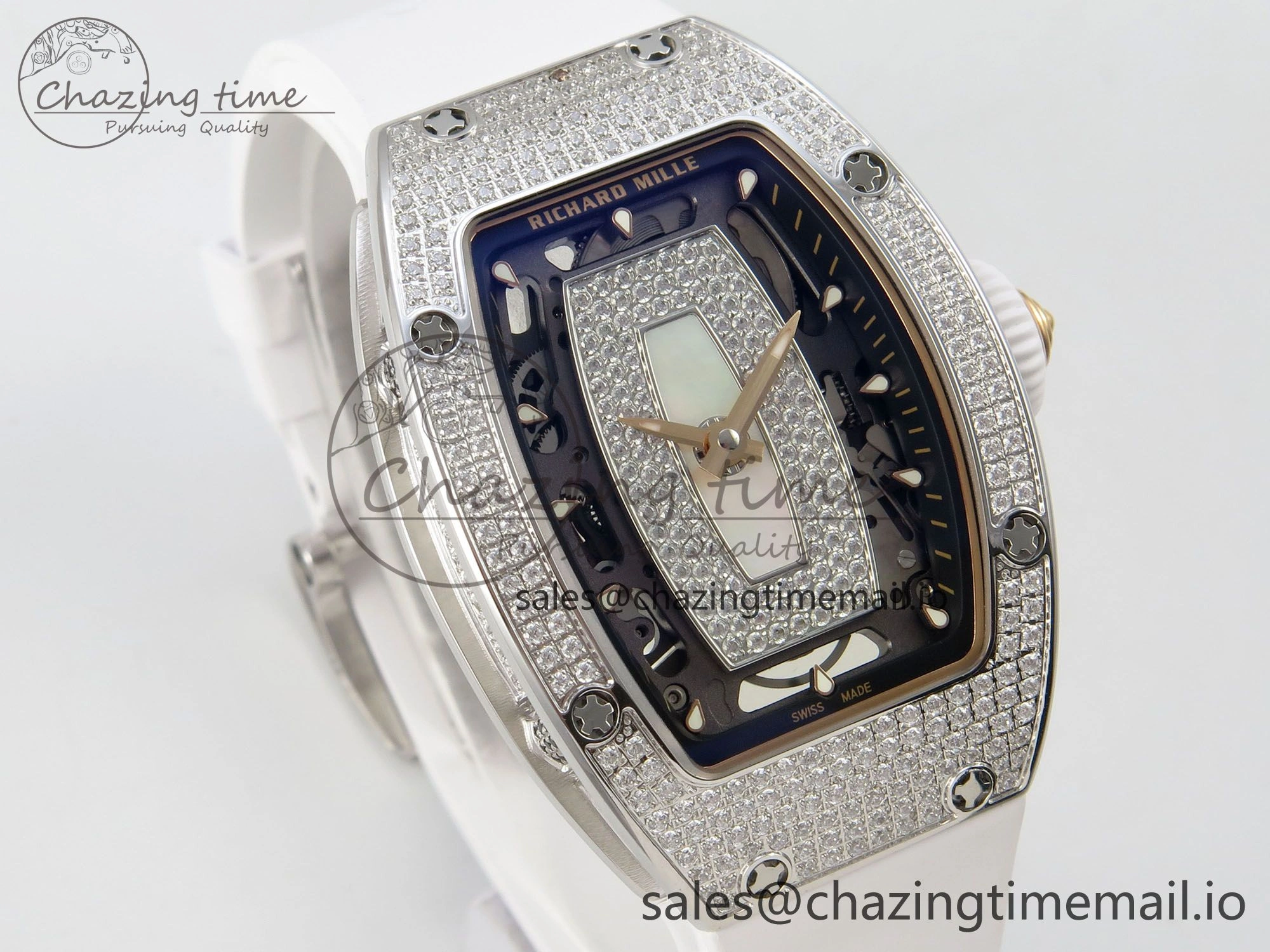 RM07 Ladies Full Diamonds SS ZF 1:1 Best Edition White MOP Dial on White Rubber Strap CRMA2 Clone Thermal 9156
