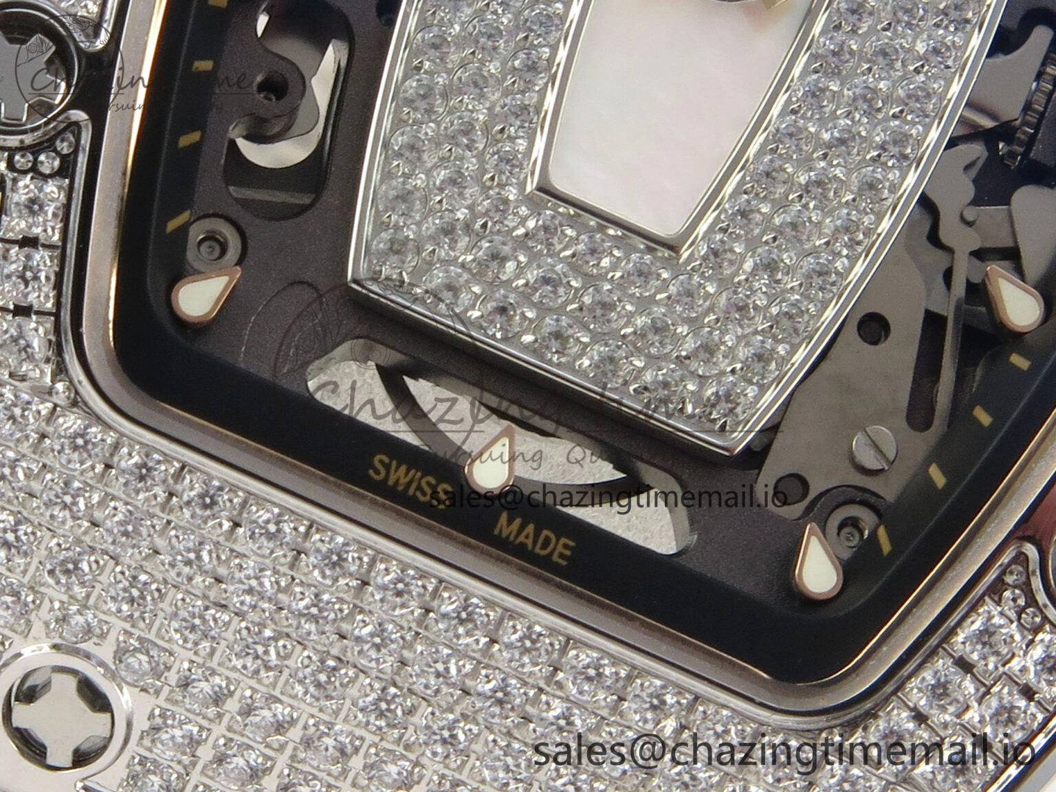 RM07 Ladies Full Diamonds SS ZF 1:1 Best Edition White MOP Dial on White Rubber Strap CRMA2 Clone Thermal 9156