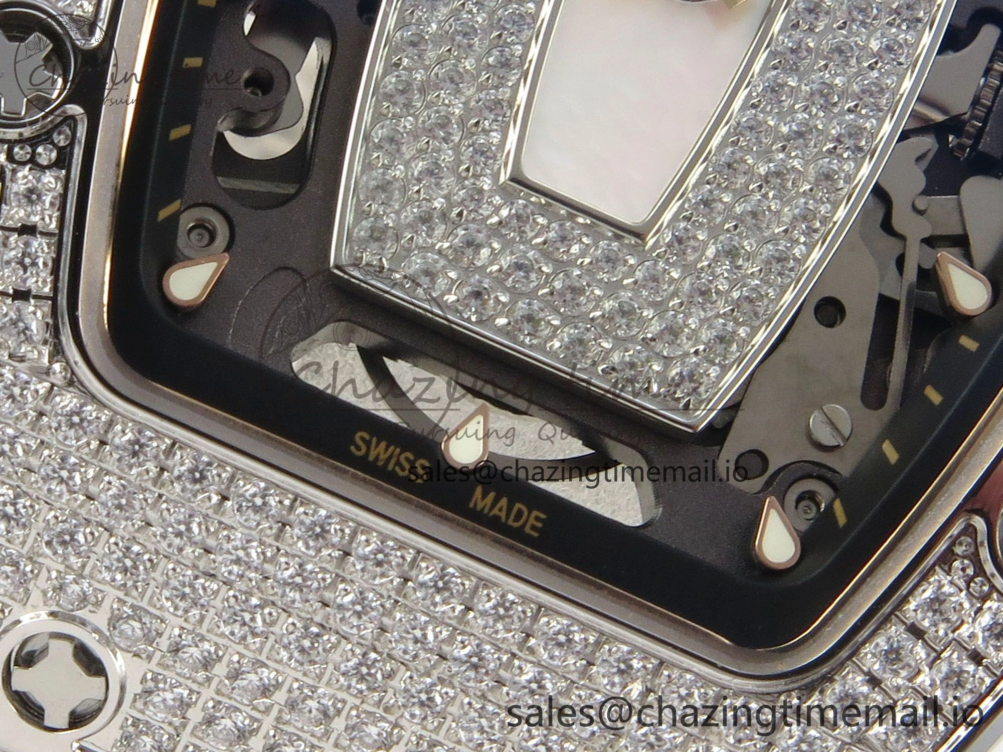 RM07 Ladies Full Diamonds SS ZF 1:1 Best Edition White MOP Dial on White Rubber Strap CRMA2 Clone Thermal 9156