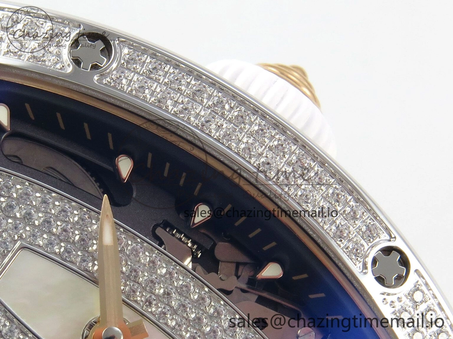 RM07 Ladies Full Diamonds SS ZF 1:1 Best Edition White MOP Dial on White Rubber Strap CRMA2 Clone Thermal 9156