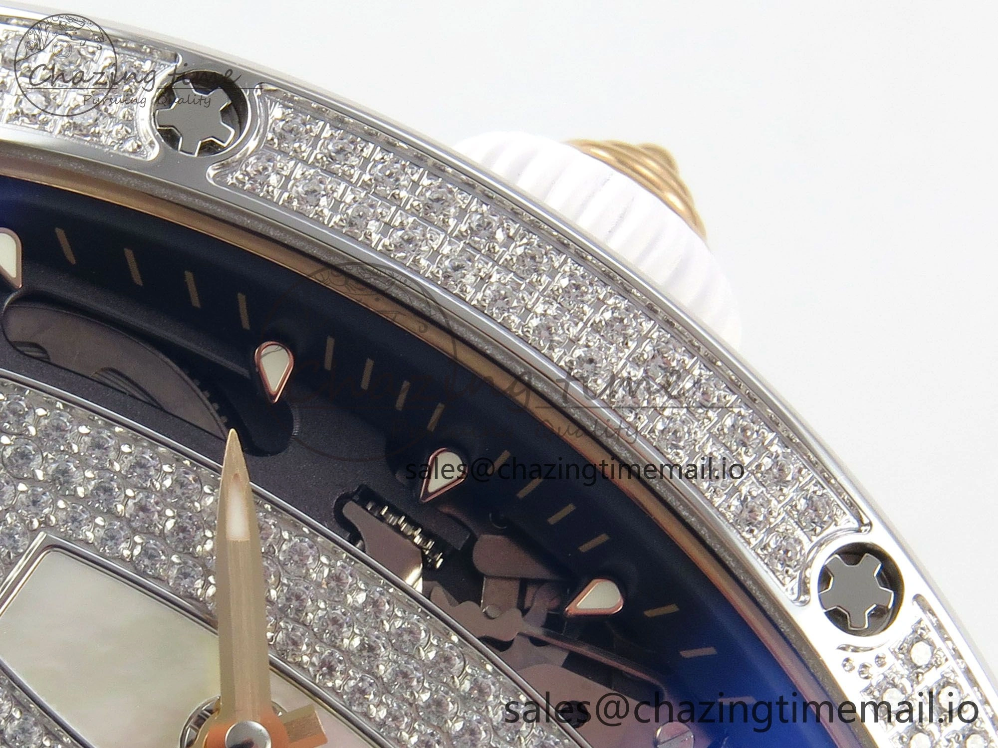 RM07 Ladies Full Diamonds SS ZF 1:1 Best Edition White MOP Dial on White Rubber Strap CRMA2 Clone Thermal 9156