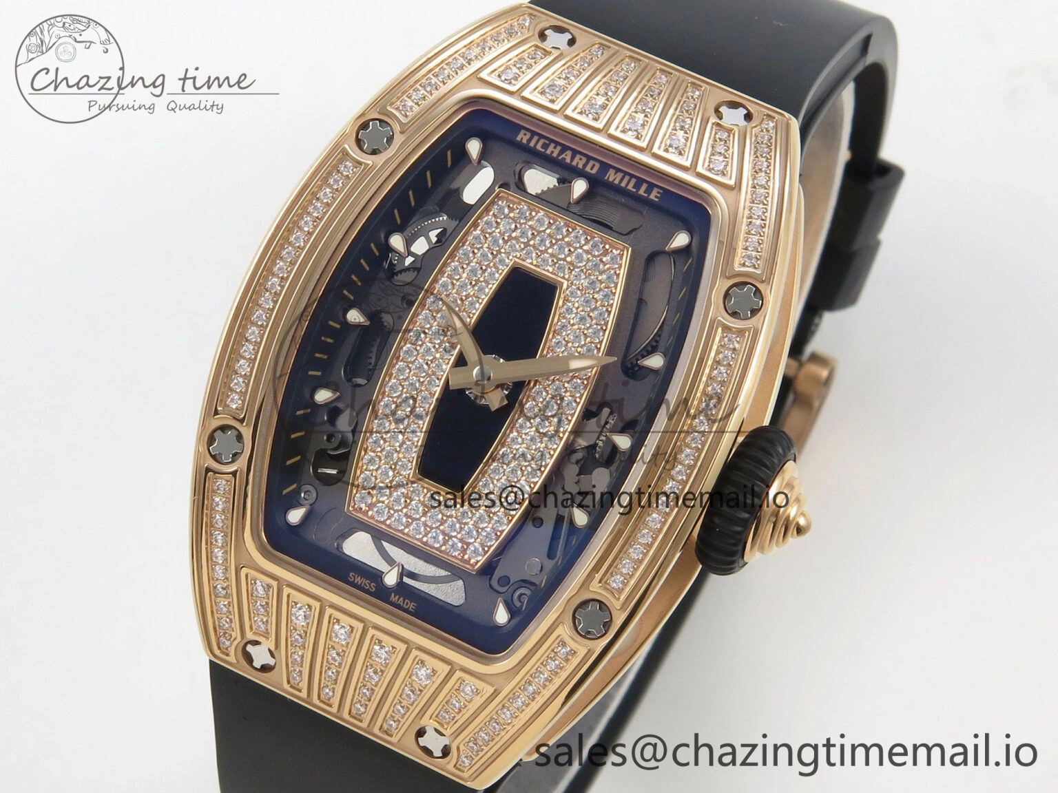 Durable RM07 Ladies RG Diamonds Bezel ZF 1:1 Best Edition Black Diamonds Skeleton Dial on Black Rubber Strap CRMA2 Clone 9160