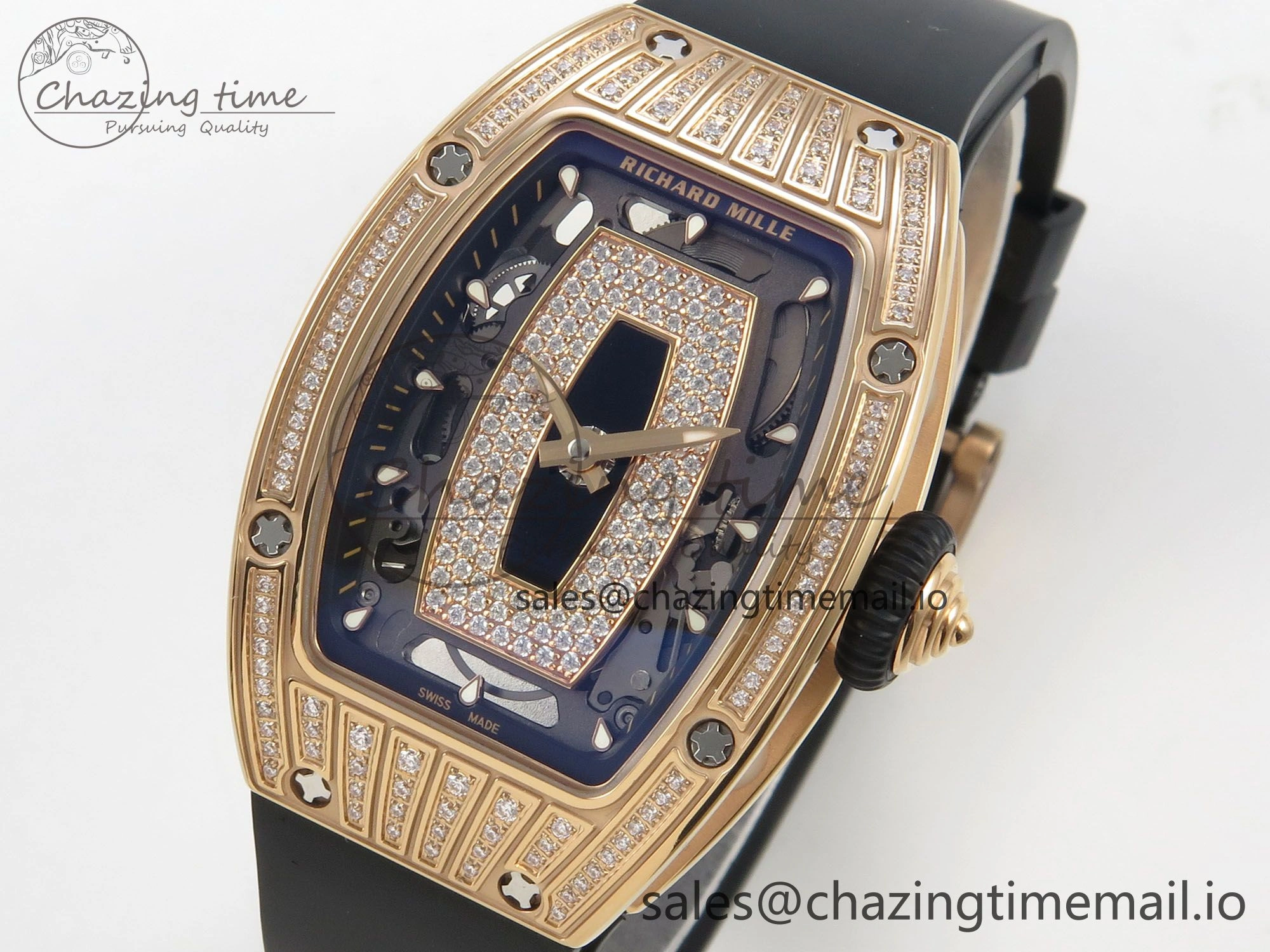 Durable RM07 Ladies RG Diamonds Bezel ZF 1:1 Best Edition Black Diamonds Skeleton Dial on Black Rubber Strap CRMA2 Clone 9160