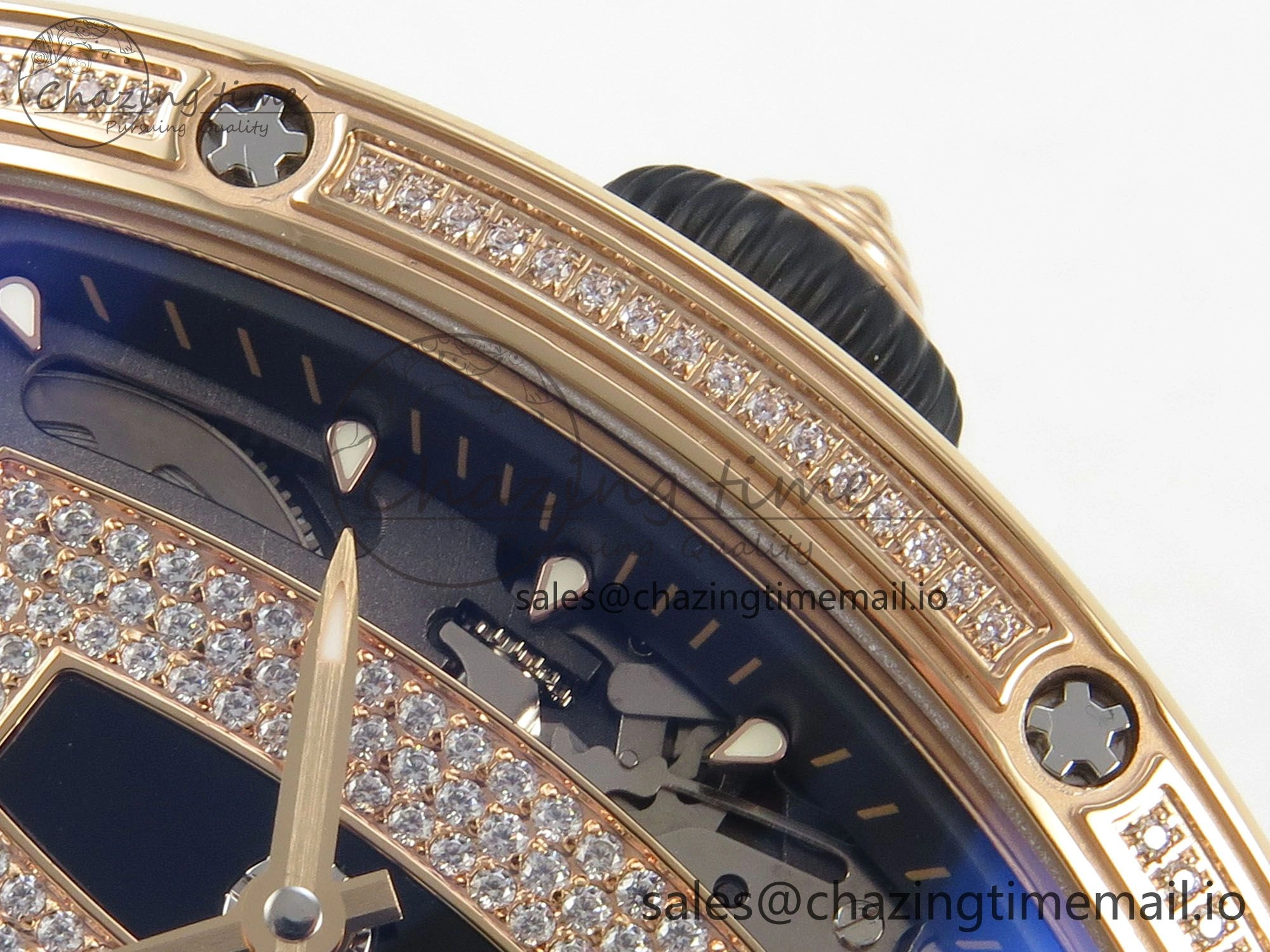 Durable RM07 Ladies RG Diamonds Bezel ZF 1:1 Best Edition Black Diamonds Skeleton Dial on Black Rubber Strap CRMA2 Clone 9160