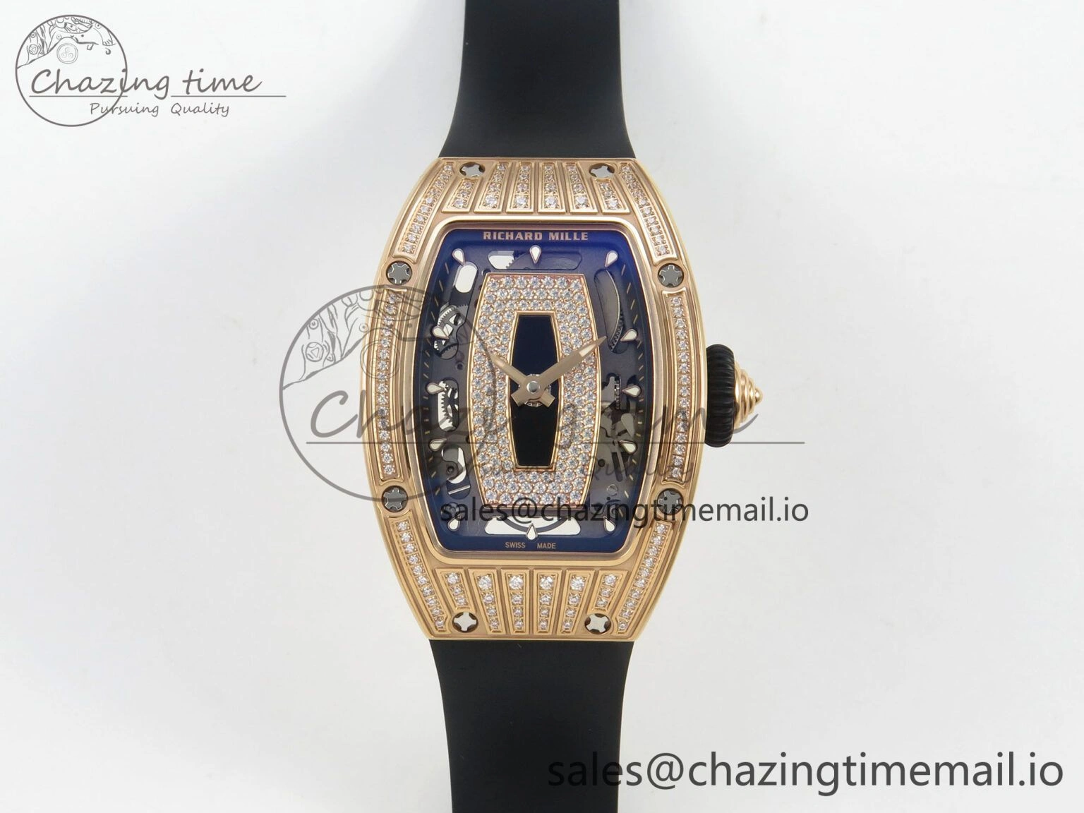 Durable RM07 Ladies RG Diamonds Bezel ZF 1:1 Best Edition Black Diamonds Skeleton Dial on Black Rubber Strap CRMA2 Clone 9160