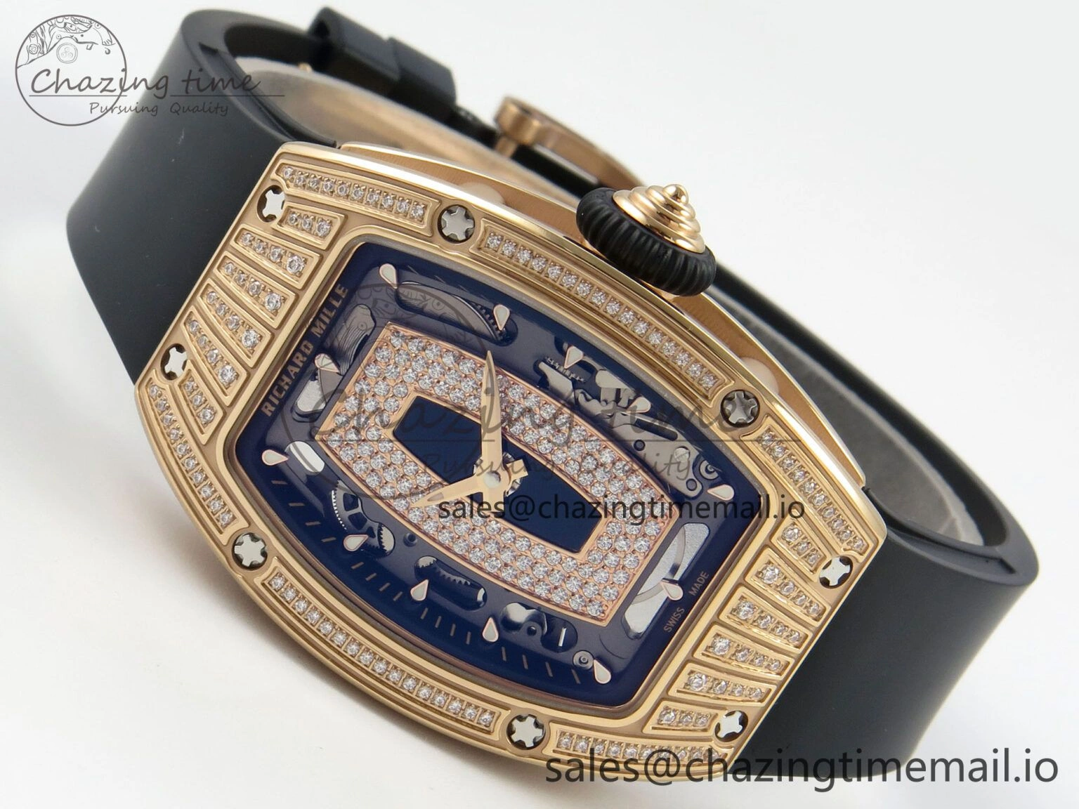 Durable RM07 Ladies RG Diamonds Bezel ZF 1:1 Best Edition Black Diamonds Skeleton Dial on Black Rubber Strap CRMA2 Clone 9160