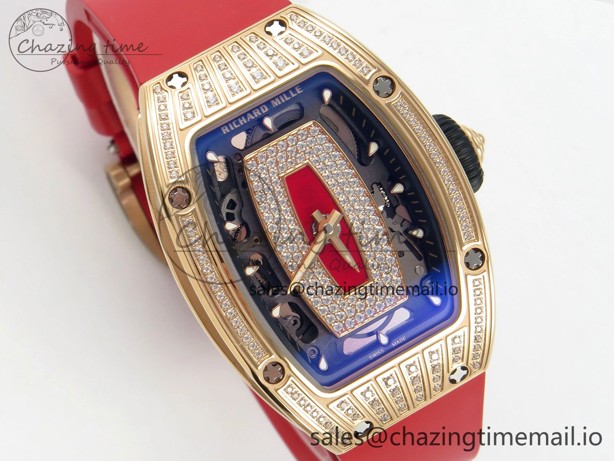 RM07 Ladies RG Diamonds Bezel ZF 1:1 Best Edition Red Diamonds Skeleton Dial on Red Rubber Strap CRMA2 Clone Efficient 10056