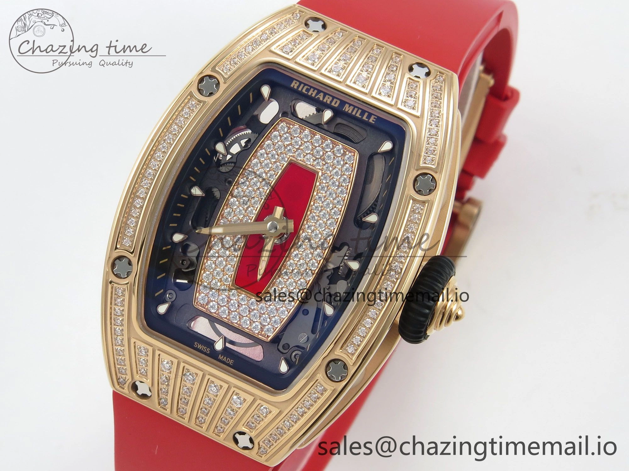 RM07 Ladies RG Diamonds Bezel ZF 1:1 Best Edition Red Diamonds Skeleton Dial on Red Rubber Strap CRMA2 Clone Efficient 10056