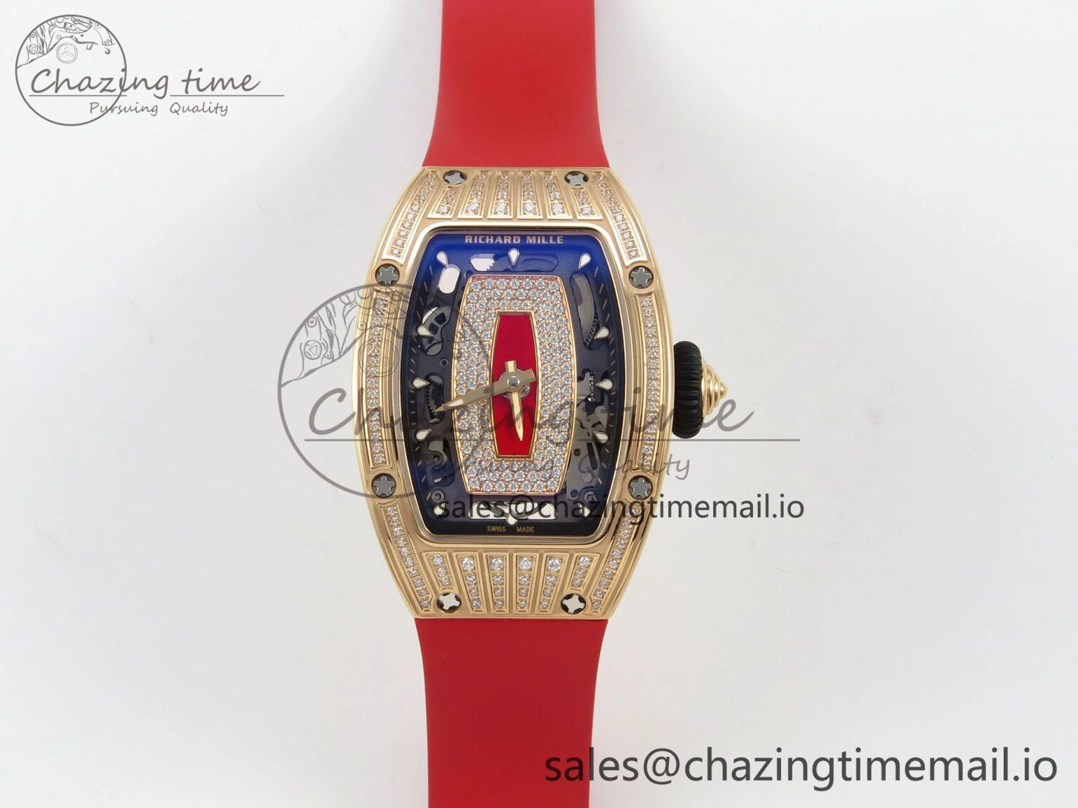 Contemporary RM07 Ladies RG Diamonds Bezel ZF 1:1 Best Edition Red Diamonds Skeleton Dial on Red Rubber Strap CRMA2 Clone 9159