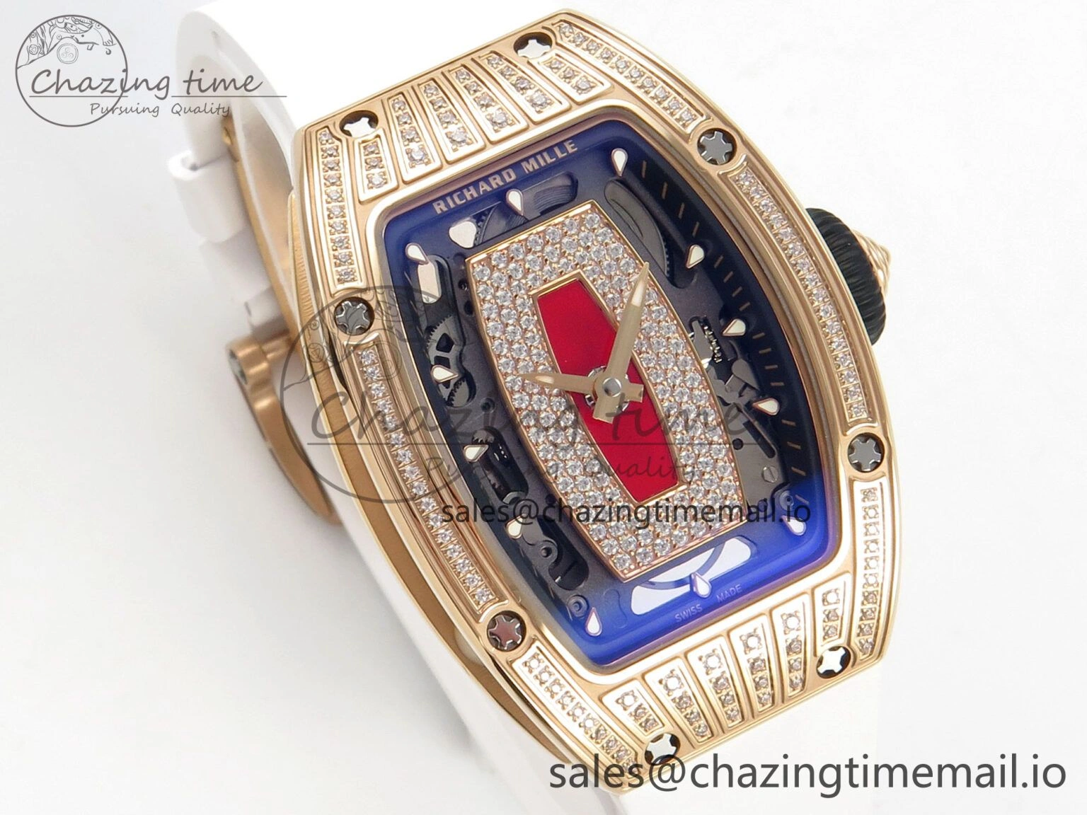 WeatherProof RM07 Ladies RG Diamonds Bezel ZF 1:1 Best Edition Red Diamonds Skeleton Dial on White Rubber Strap CRMA2 Clone 9163