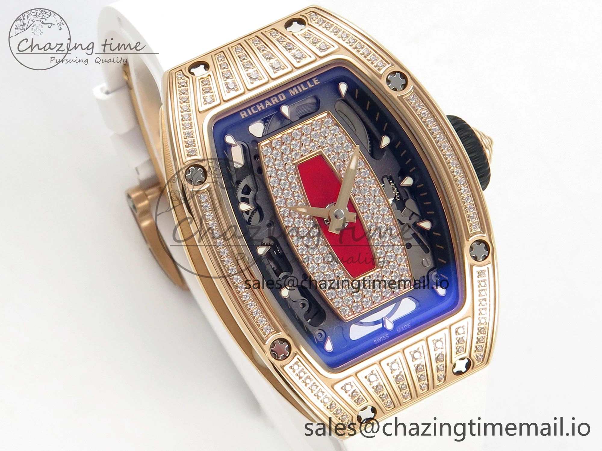 WeatherProof RM07 Ladies RG Diamonds Bezel ZF 1:1 Best Edition Red Diamonds Skeleton Dial on White Rubber Strap CRMA2 Clone 9163