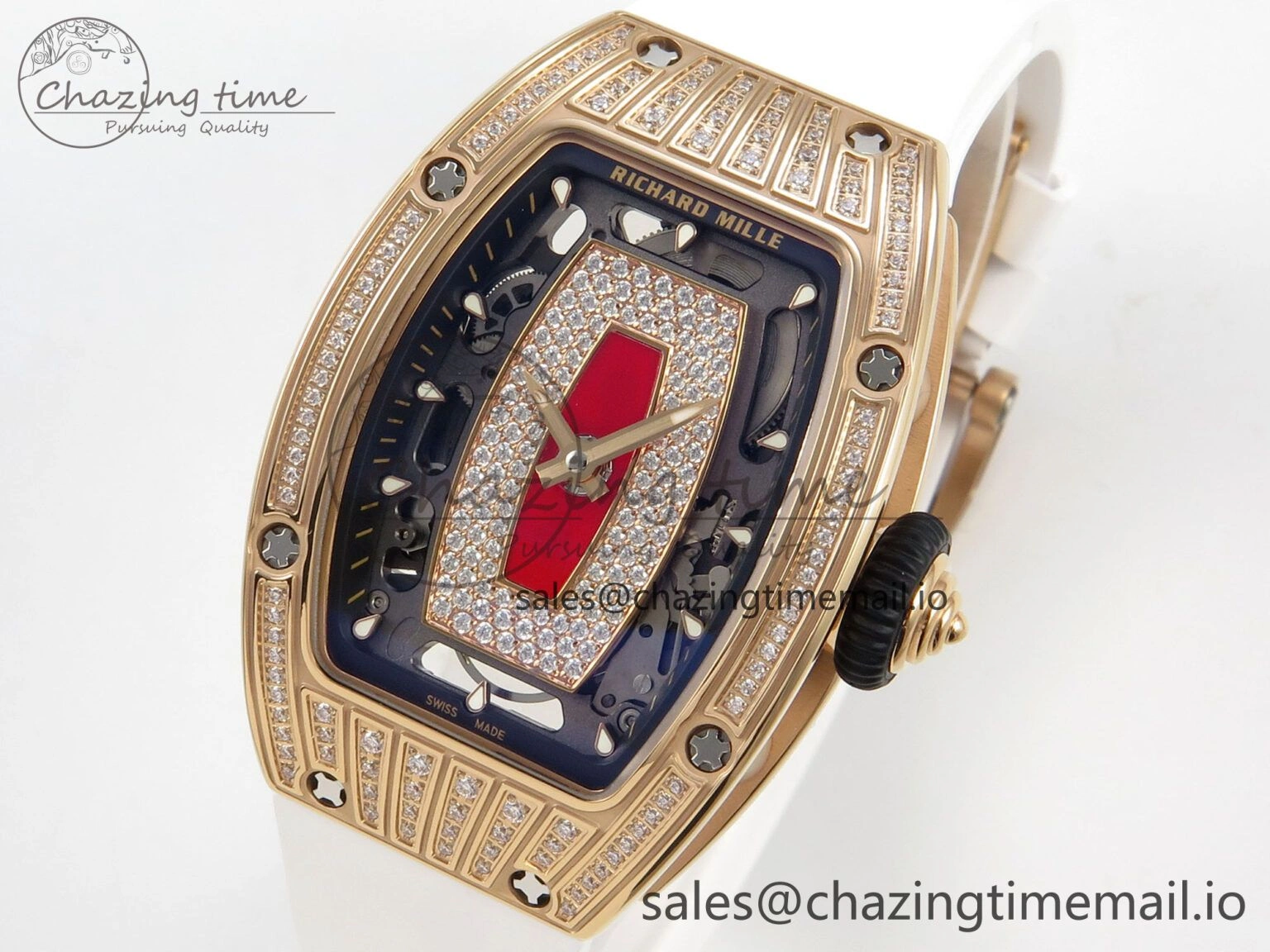 WeatherProof RM07 Ladies RG Diamonds Bezel ZF 1:1 Best Edition Red Diamonds Skeleton Dial on White Rubber Strap CRMA2 Clone 9163