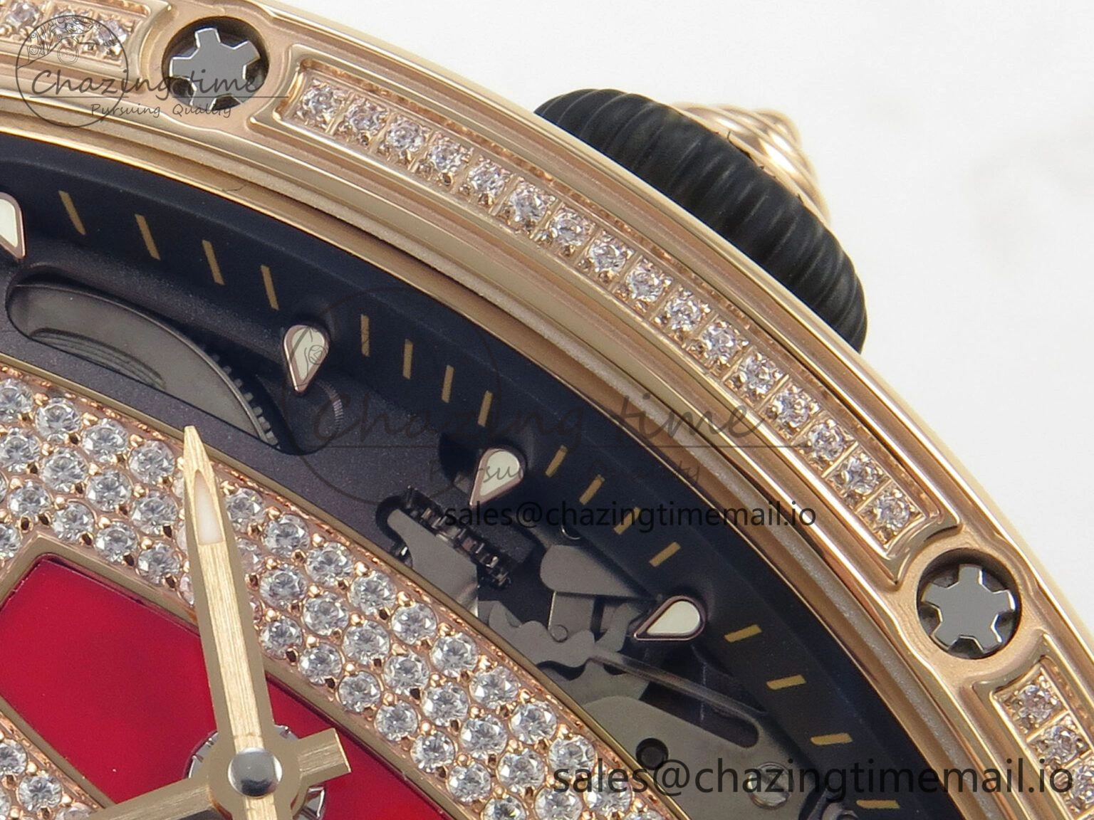 WeatherProof RM07 Ladies RG Diamonds Bezel ZF 1:1 Best Edition Red Diamonds Skeleton Dial on White Rubber Strap CRMA2 Clone 9163