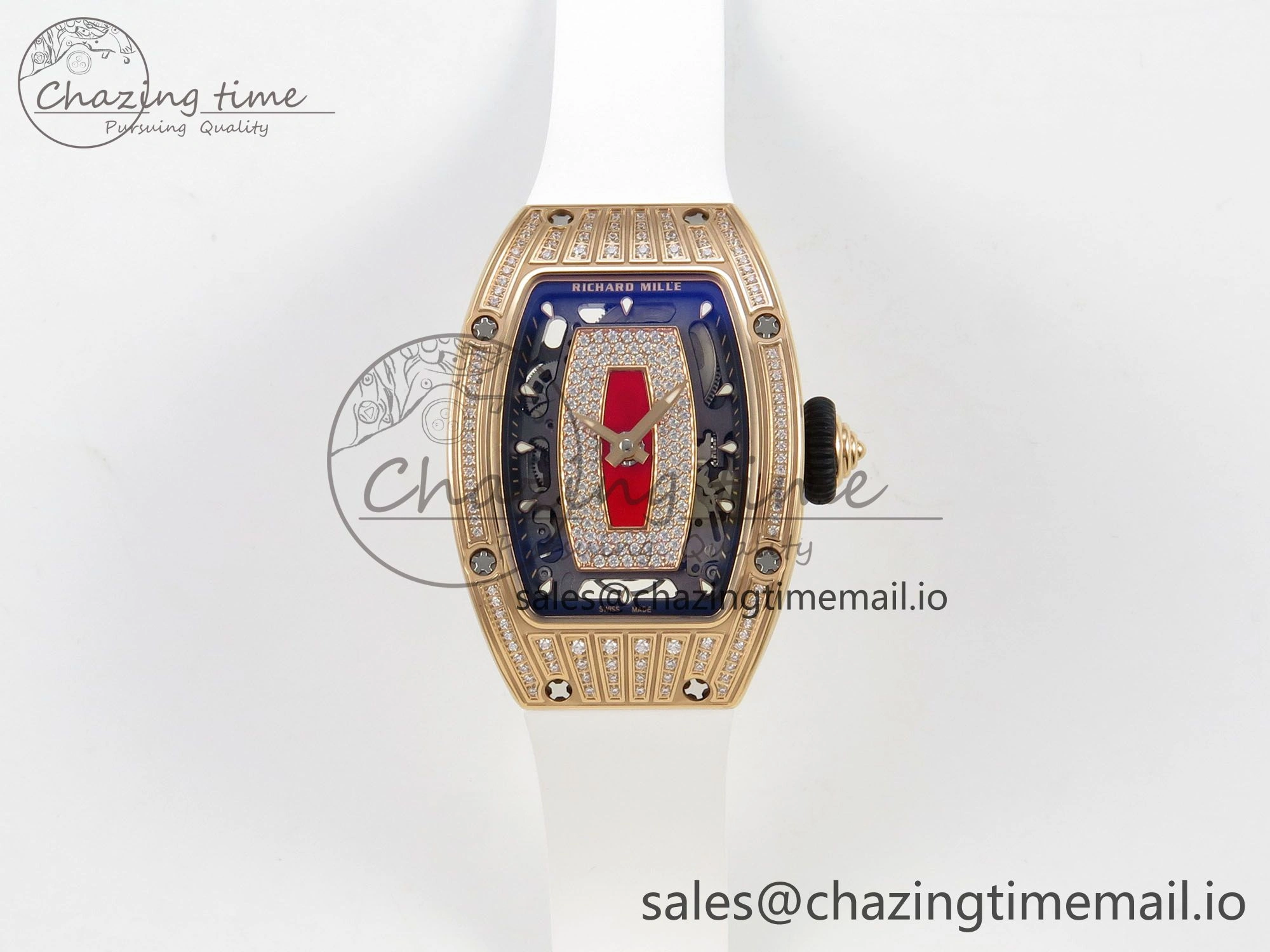 WeatherProof RM07 Ladies RG Diamonds Bezel ZF 1:1 Best Edition Red Diamonds Skeleton Dial on White Rubber Strap CRMA2 Clone 9163