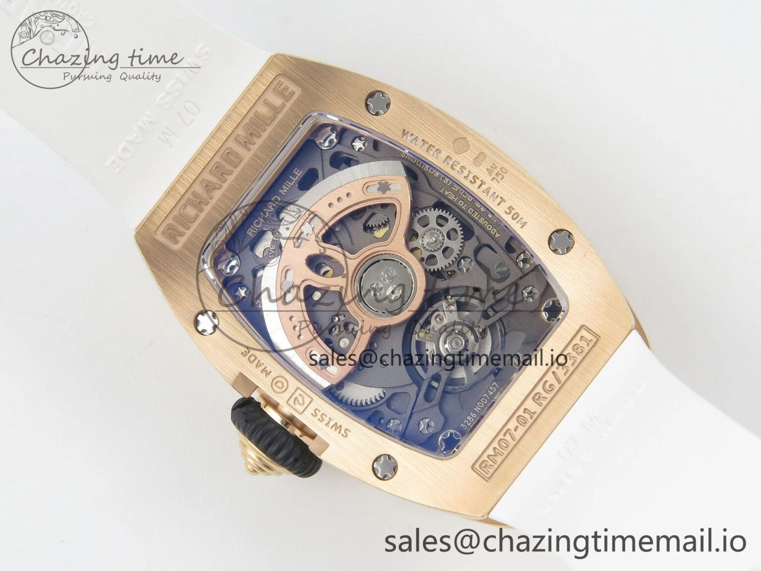 WeatherProof RM07 Ladies RG Diamonds Bezel ZF 1:1 Best Edition Red Diamonds Skeleton Dial on White Rubber Strap CRMA2 Clone 9163
