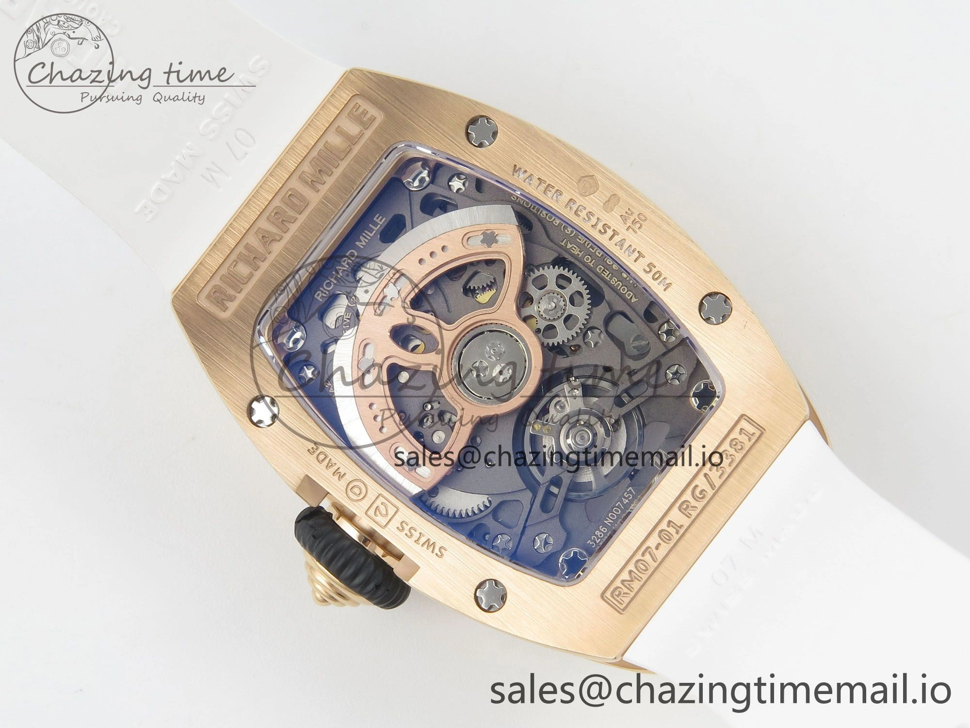 WeatherProof RM07 Ladies RG Diamonds Bezel ZF 1:1 Best Edition Red Diamonds Skeleton Dial on White Rubber Strap CRMA2 Clone 9163