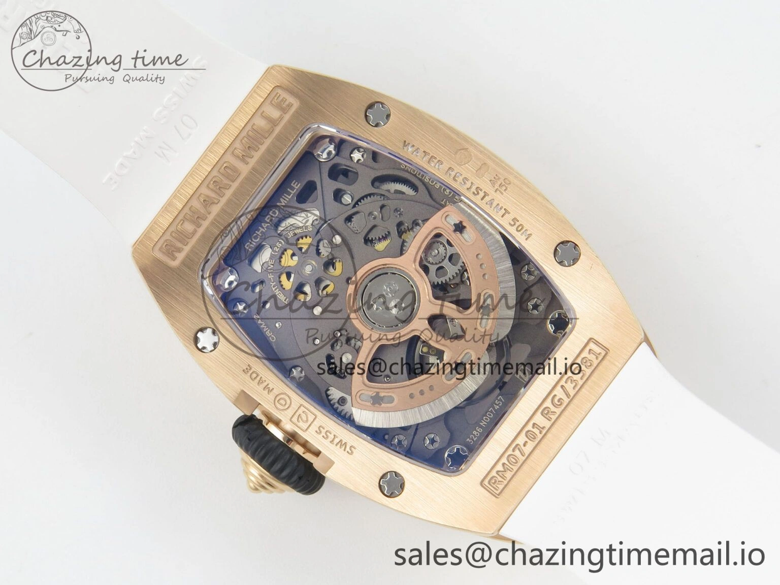 WeatherProof RM07 Ladies RG Diamonds Bezel ZF 1:1 Best Edition Red Diamonds Skeleton Dial on White Rubber Strap CRMA2 Clone 9163