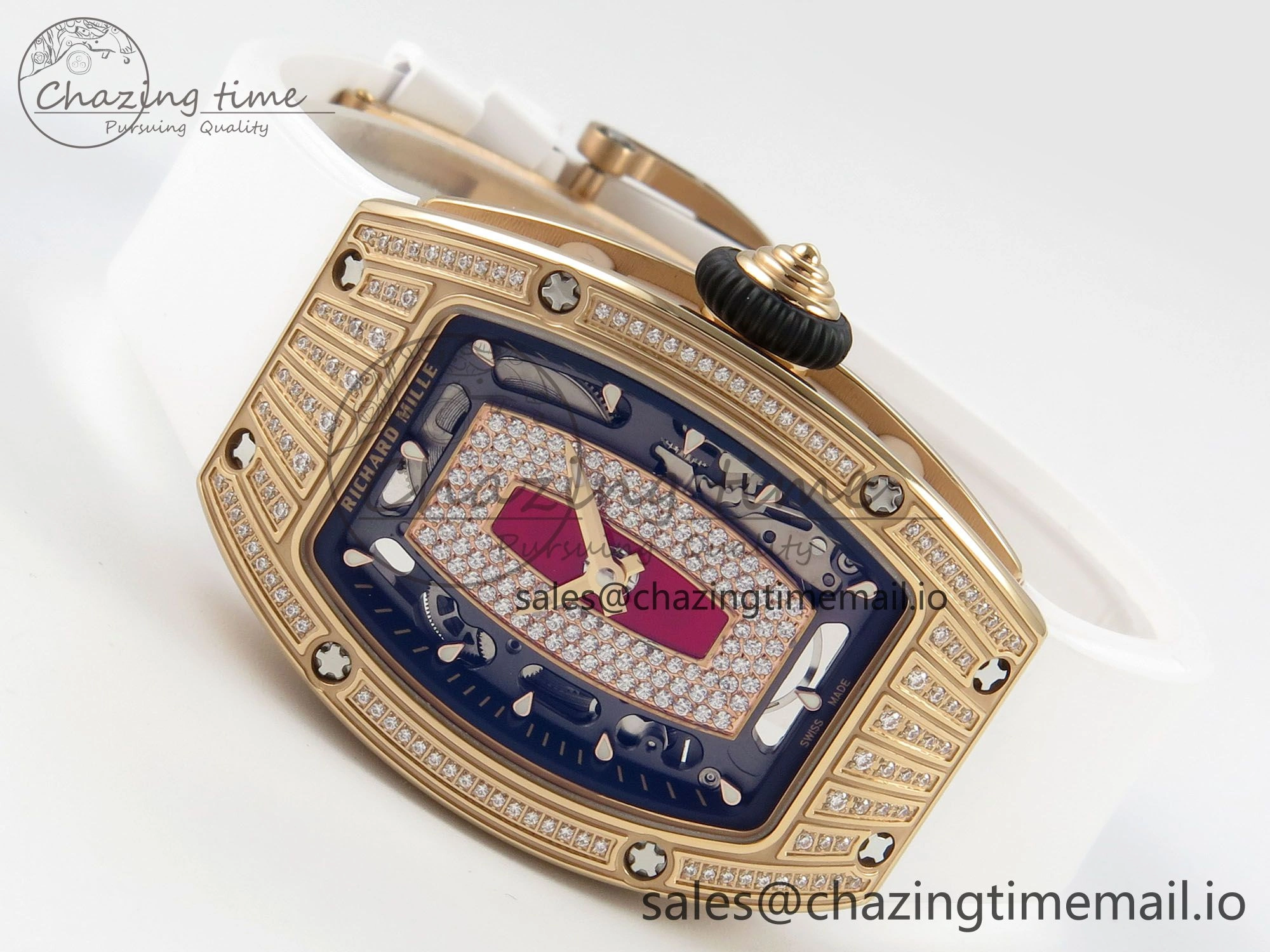 WeatherProof RM07 Ladies RG Diamonds Bezel ZF 1:1 Best Edition Red Diamonds Skeleton Dial on White Rubber Strap CRMA2 Clone 9163