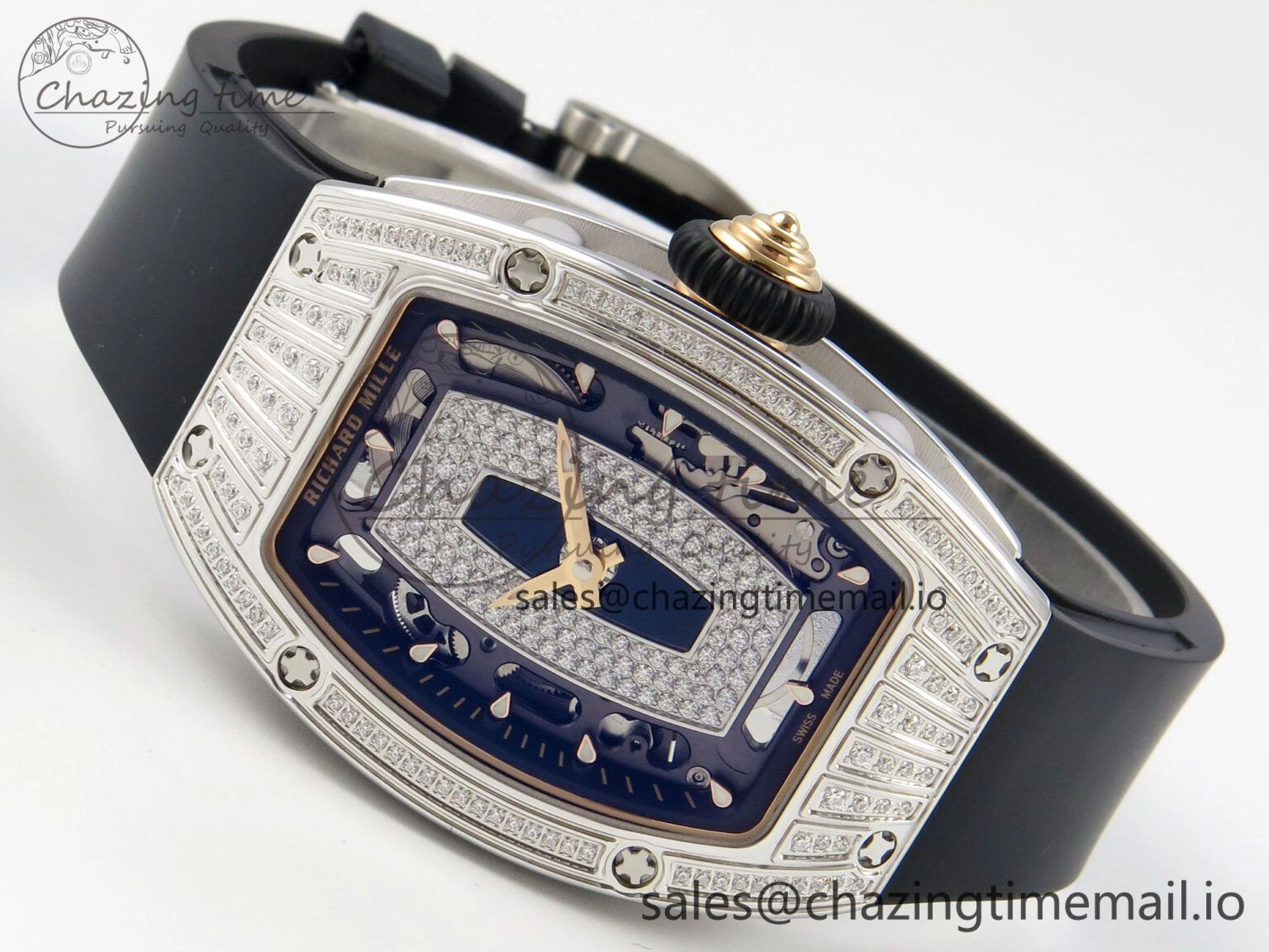 RM07 Ladies SS Diamonds Bezel ZF 1:1 Best Edition Black Diamonds Skeleton Dial on Black Rubber Strap CRMA2 Clone Classic 9158