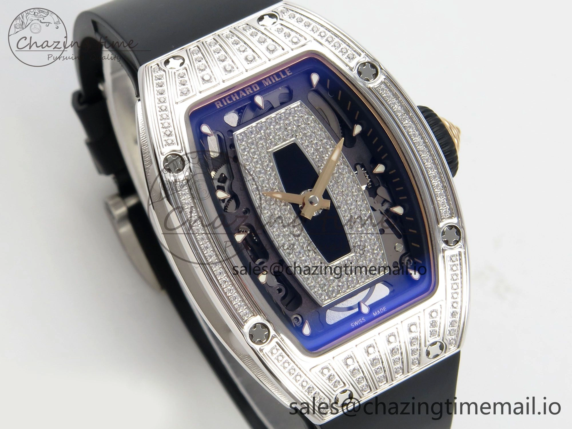 RM07 Ladies SS Diamonds Bezel ZF 1:1 Best Edition Black Diamonds Skeleton Dial on Black Rubber Strap CRMA2 Clone Classic 9158