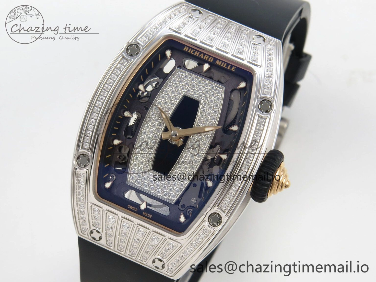RM07 Ladies SS Diamonds Bezel ZF 1:1 Best Edition Black Diamonds Skeleton Dial on Black Rubber Strap CRMA2 Clone Classic 9158