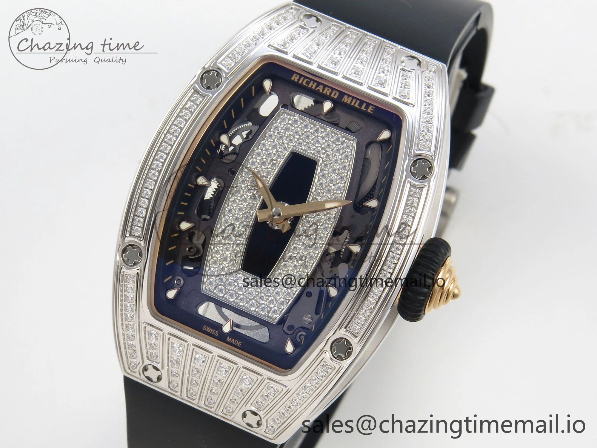 RM07 Ladies SS Diamonds Bezel ZF 1:1 Best Edition Black Diamonds Skeleton Dial on Black Rubber Strap CRMA2 Clone Classic 9158