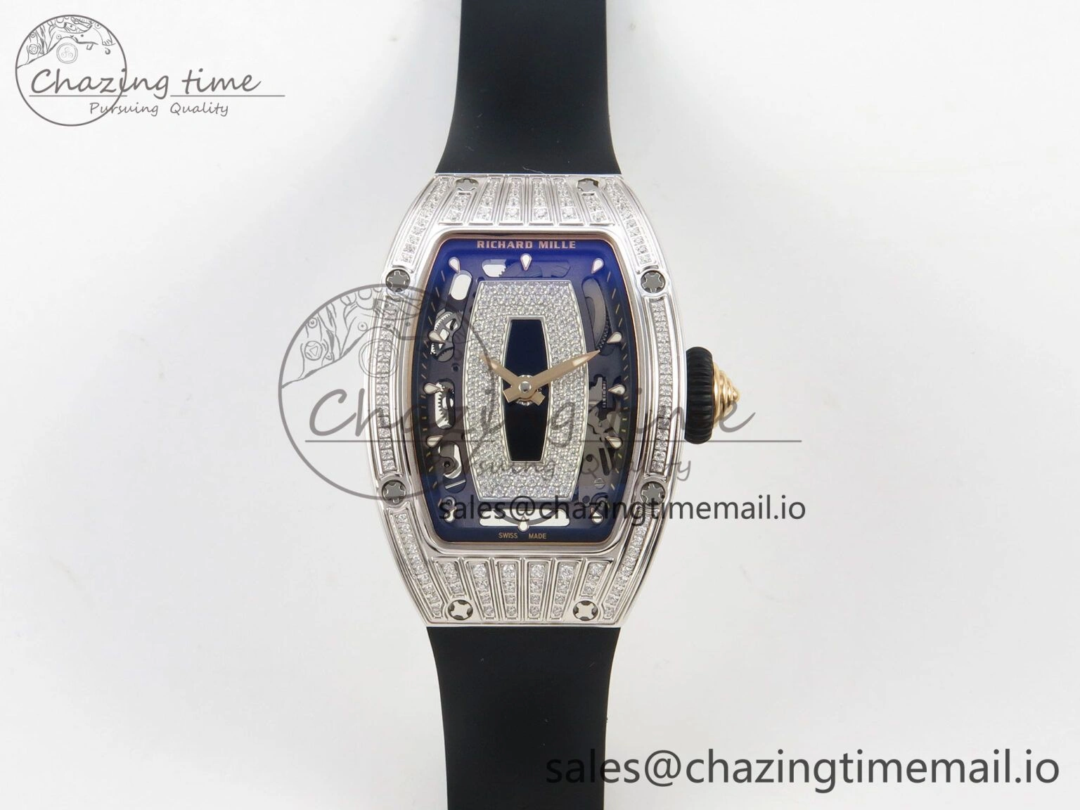 RM07 Ladies SS Diamonds Bezel ZF 1:1 Best Edition Black Diamonds Skeleton Dial on Black Rubber Strap CRMA2 Clone Classic 9158