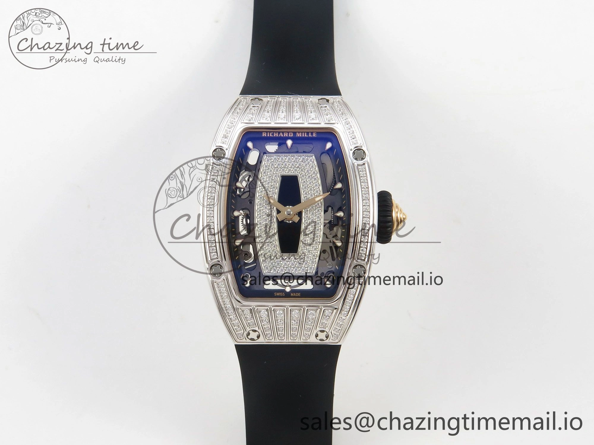 RM07 Ladies SS Diamonds Bezel ZF 1:1 Best Edition Black Diamonds Skeleton Dial on Black Rubber Strap CRMA2 Clone Classic 9158