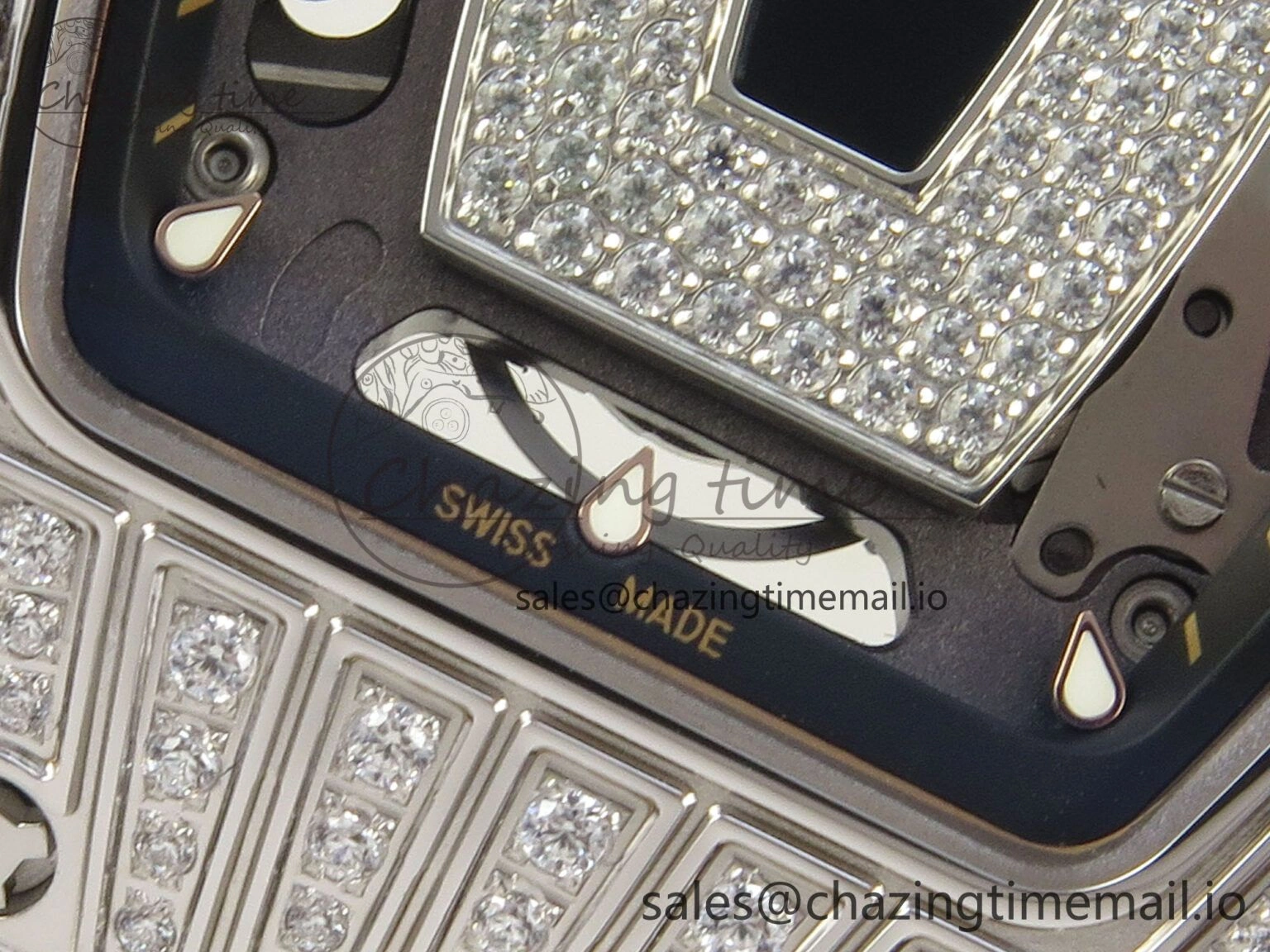 RM07 Ladies SS Diamonds Bezel ZF 1:1 Best Edition Black Diamonds Skeleton Dial on Black Rubber Strap CRMA2 Clone Classic 9158