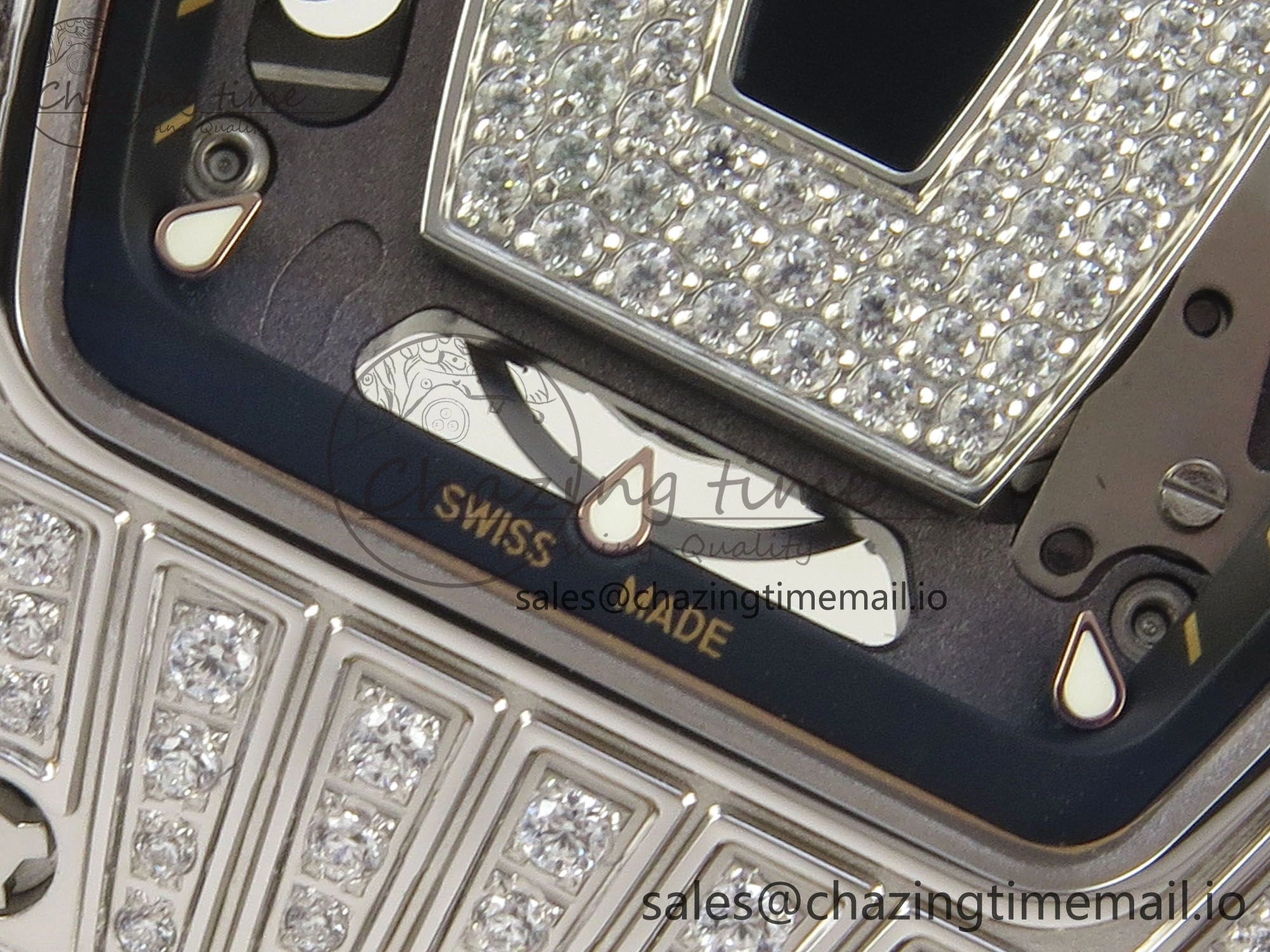 RM07 Ladies SS Diamonds Bezel ZF 1:1 Best Edition Black Diamonds Skeleton Dial on Black Rubber Strap CRMA2 Clone Classic 9158
